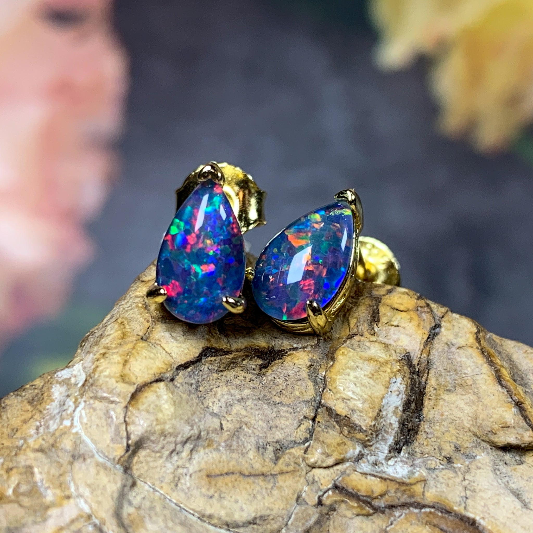 Gold plated 8x5mm pear shape Opal triplet studs - Masterpiece Jewellery Opal & Gems Sydney Australia | Online Shop