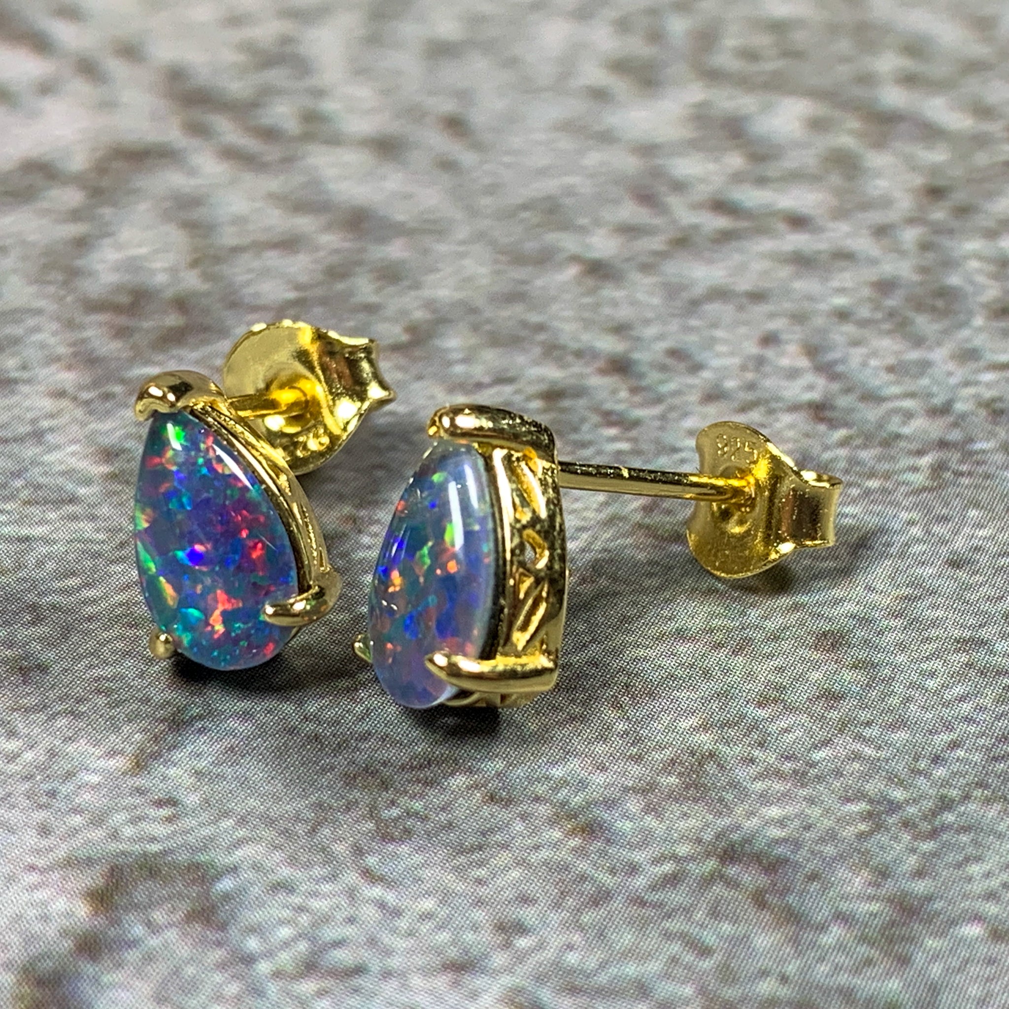 Gold plated 8x5mm pear shape Opal triplet studs - Masterpiece Jewellery Opal & Gems Sydney Australia | Online Shop