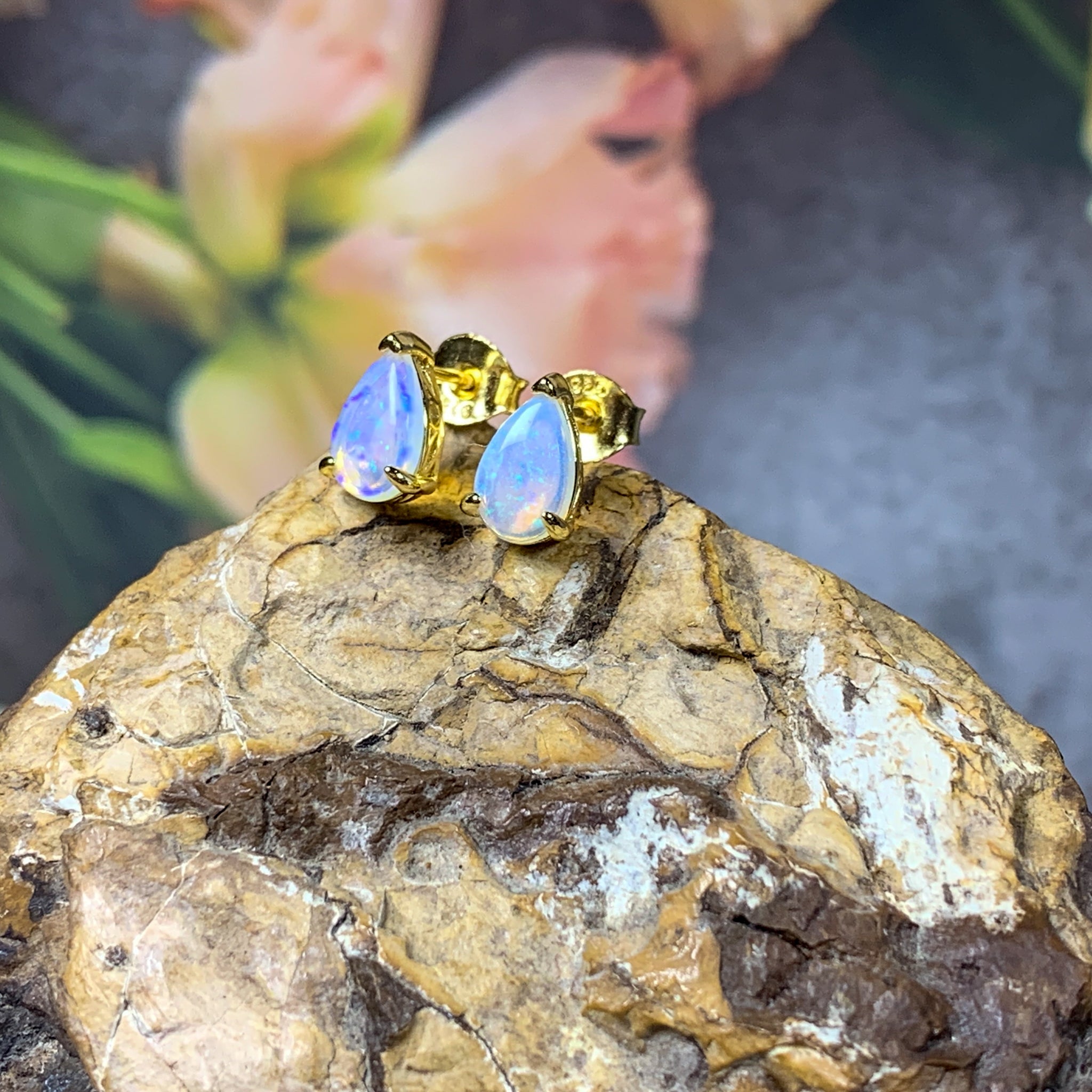 Gold plated silver 8x5mm pearshape White Opal studs - Masterpiece Jewellery Opal & Gems Sydney Australia | Online Shop