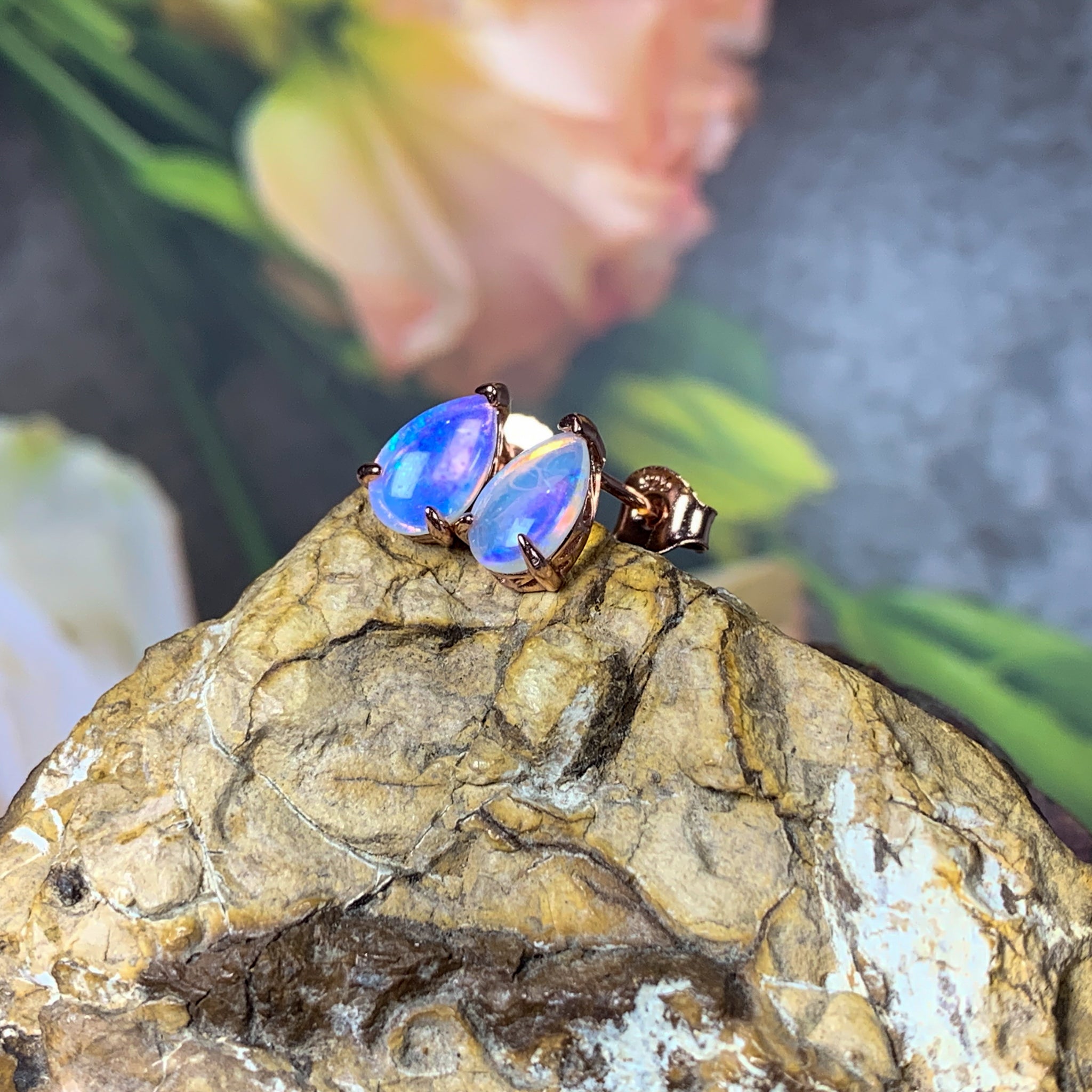 Rose Gold plated silver 8x5mm Pear shape White Opal studs - Masterpiece Jewellery Opal & Gems Sydney Australia | Online Shop