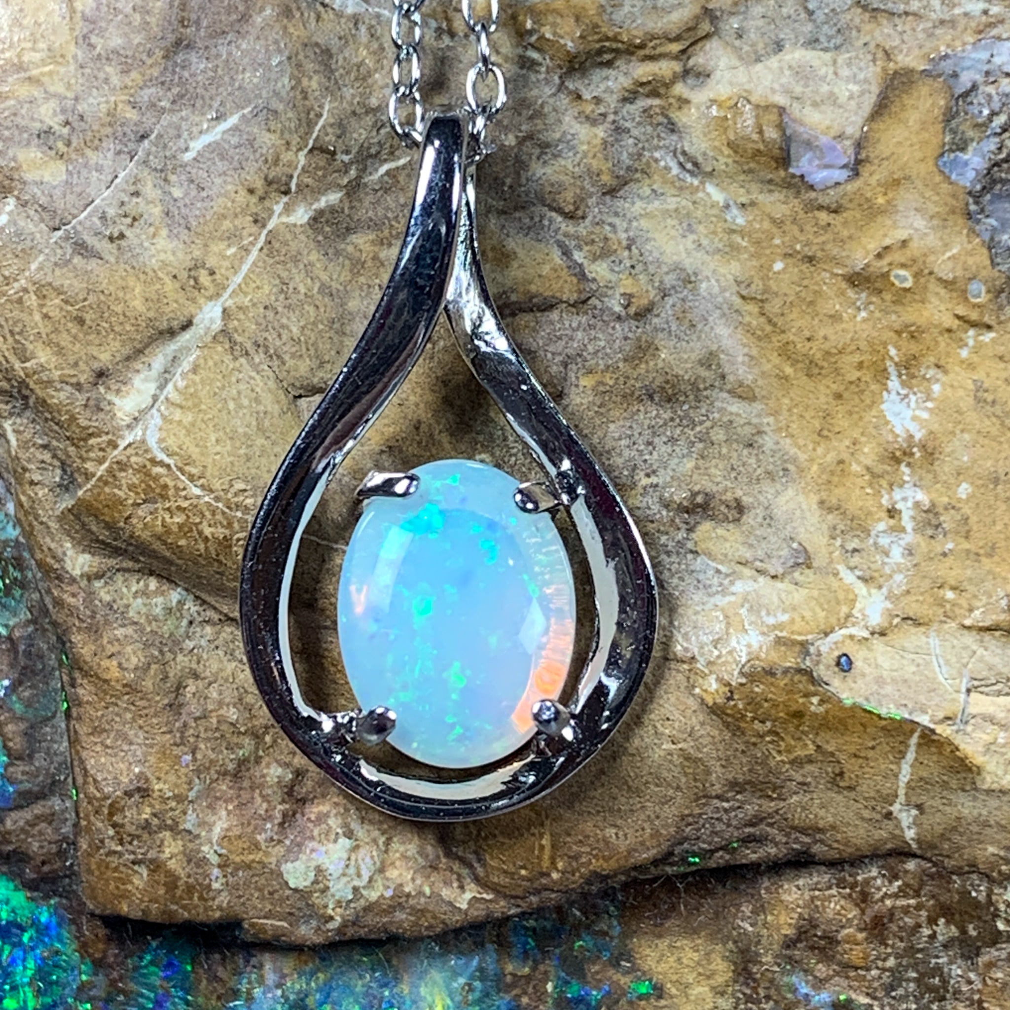 Sterling Silver 8x6mm White Opal Tear drop design pendant - Masterpiece Jewellery Opal & Gems Sydney Australia | Online Shop