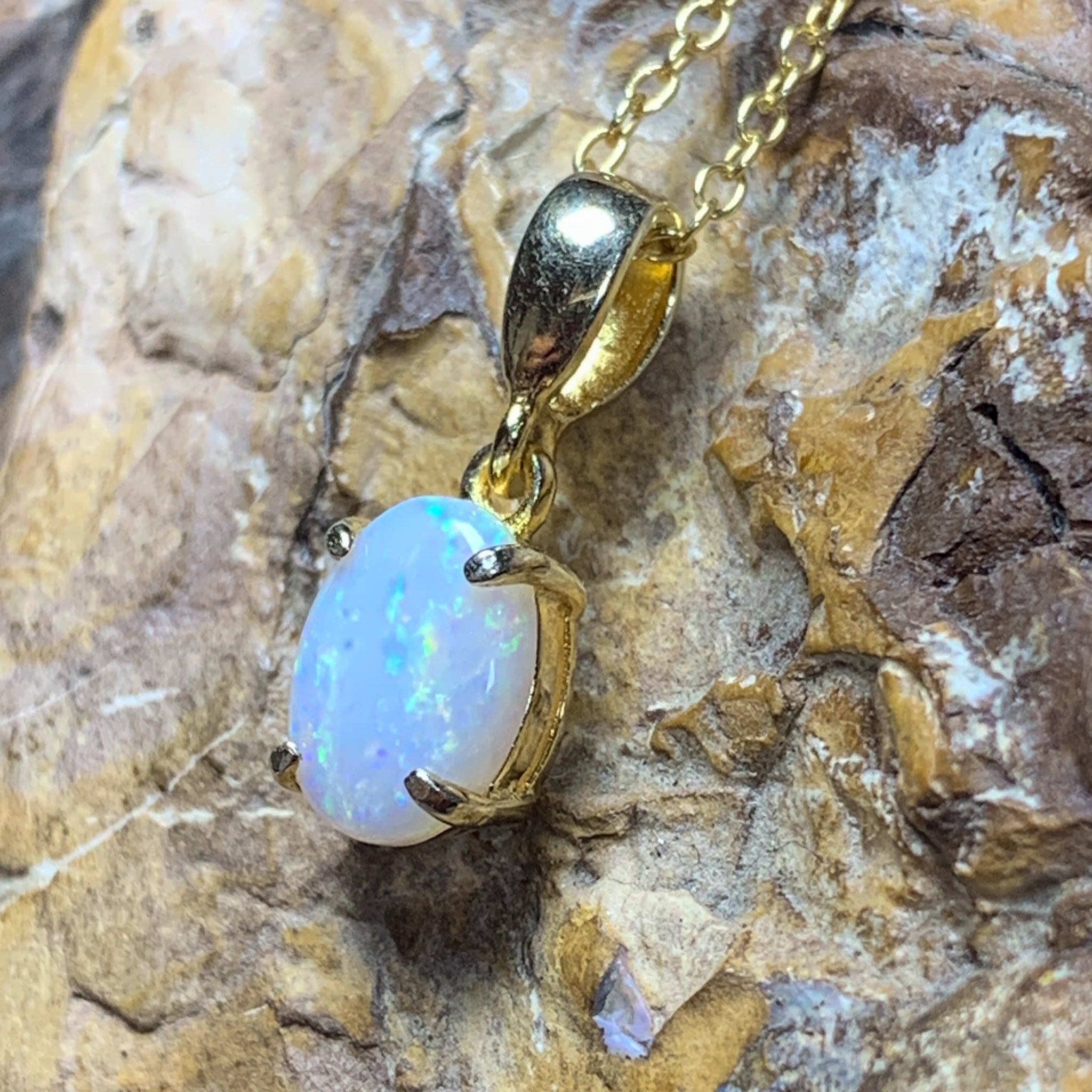 Gold Plated Sterling Silver 8x6mm White Opal pendant Necklace l solitaire style - Masterpiece Jewellery Opal & Gems Sydney Australia | Online Shop