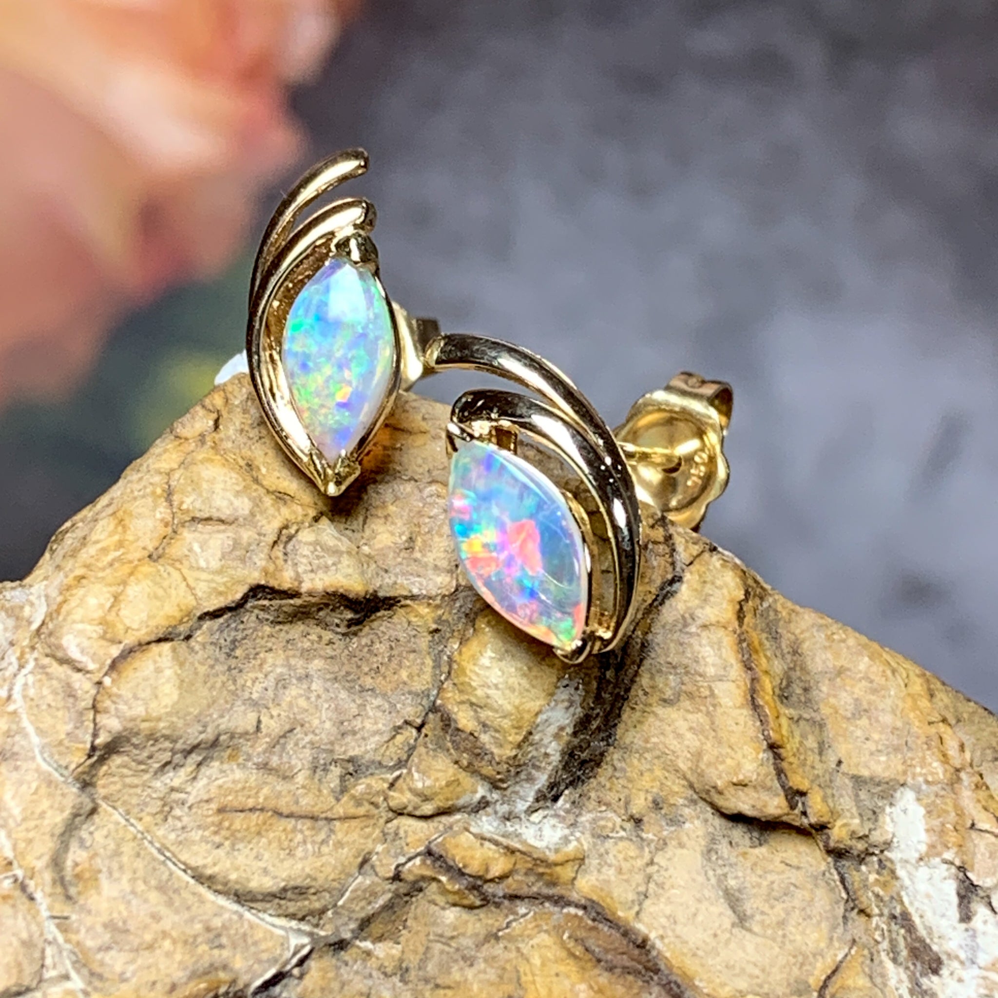 18kt Yellow Gold Opal Earrings in Marquise shape 8x4mm Opal Gold studs - Masterpiece Jewellery Opal & Gems Sydney Australia | Online Shop