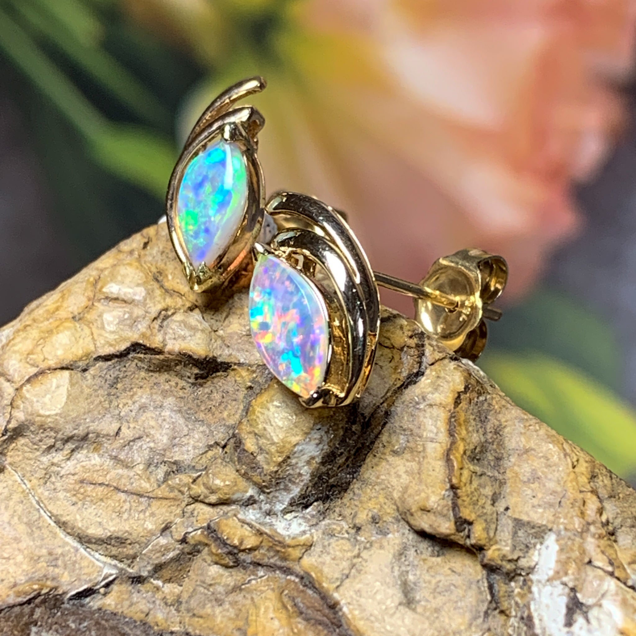 18kt Yellow Gold Opal Earrings in Marquise shape 8x4mm Opal Gold studs - Masterpiece Jewellery Opal & Gems Sydney Australia | Online Shop