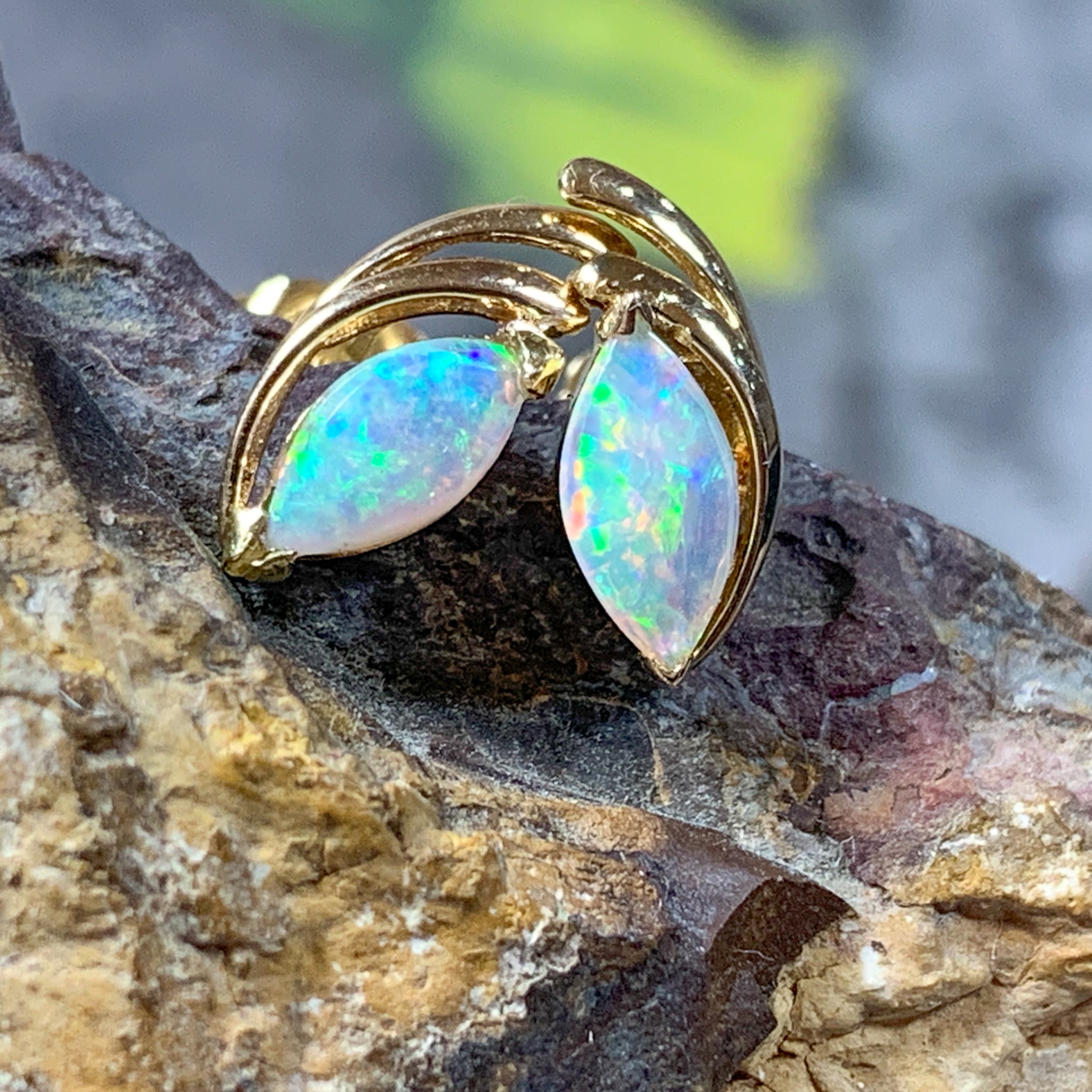 18kt Yellow Gold Opal Earrings in Marquise shape 8x4mm Opal Gold studs - Masterpiece Jewellery Opal & Gems Sydney Australia | Online Shop