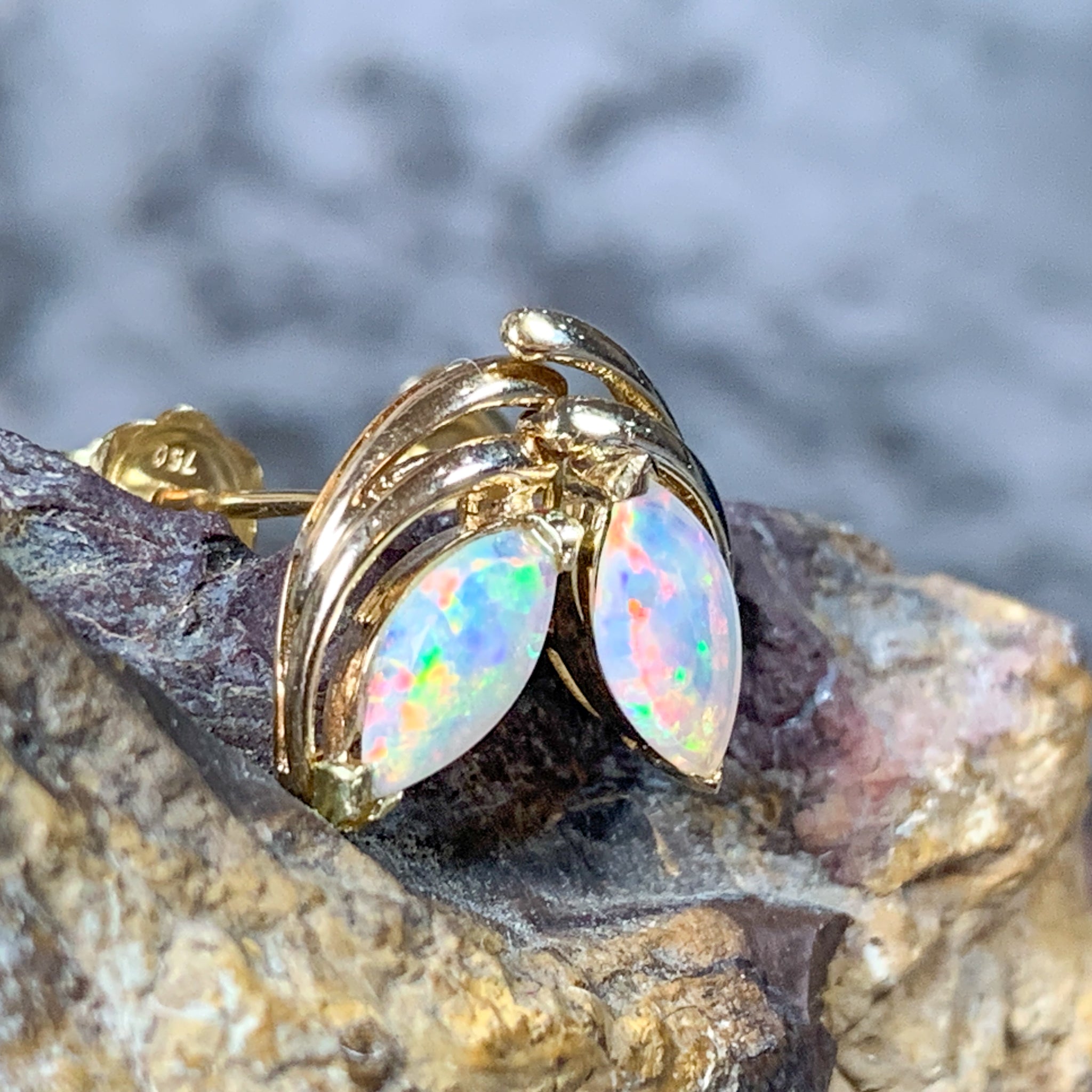 18kt Yellow Gold Opal Earrings in Marquise shape 8x4mm Opal Gold studs - Masterpiece Jewellery Opal & Gems Sydney Australia | Online Shop