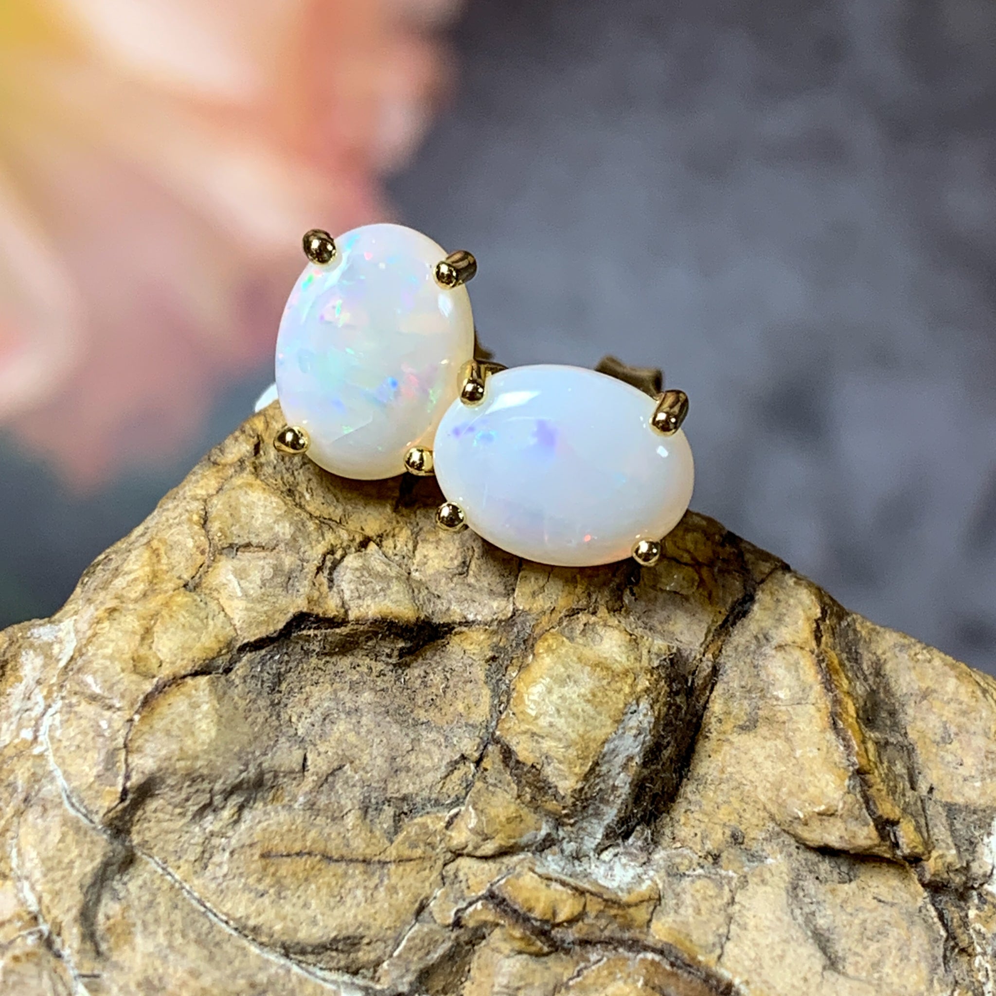 Gold Plated Silver 8x6mm White Opal Earring studs - Masterpiece Jewellery Opal & Gems Sydney Australia | Online Shop