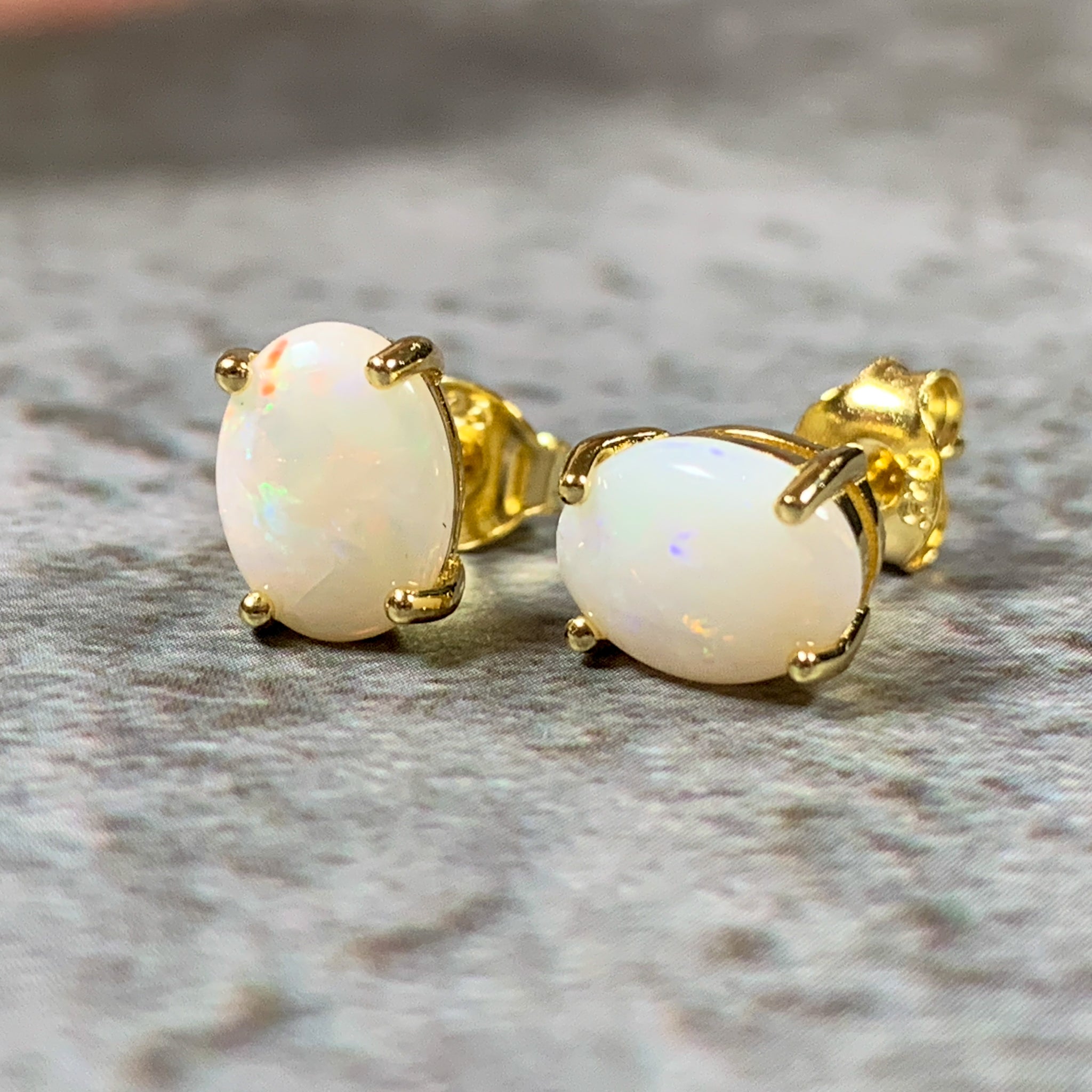 Gold Plated Silver 8x6mm White Opal Earring studs - Masterpiece Jewellery Opal & Gems Sydney Australia | Online Shop