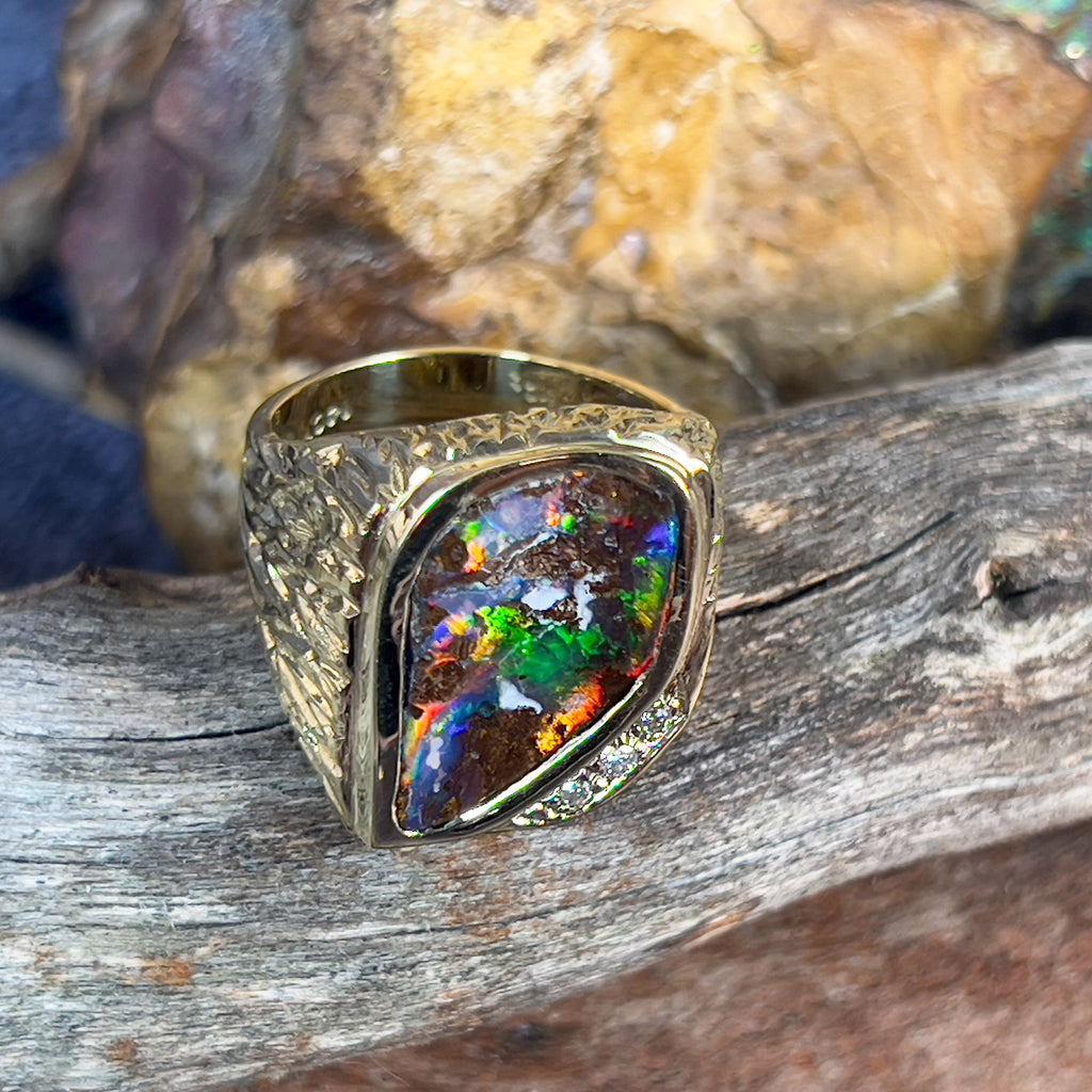 14kt Yellow Gold gents ring with Boulder Opal nugget design ring handmade - Masterpiece Jewellery Opal & Gems Sydney Australia | Online Shop