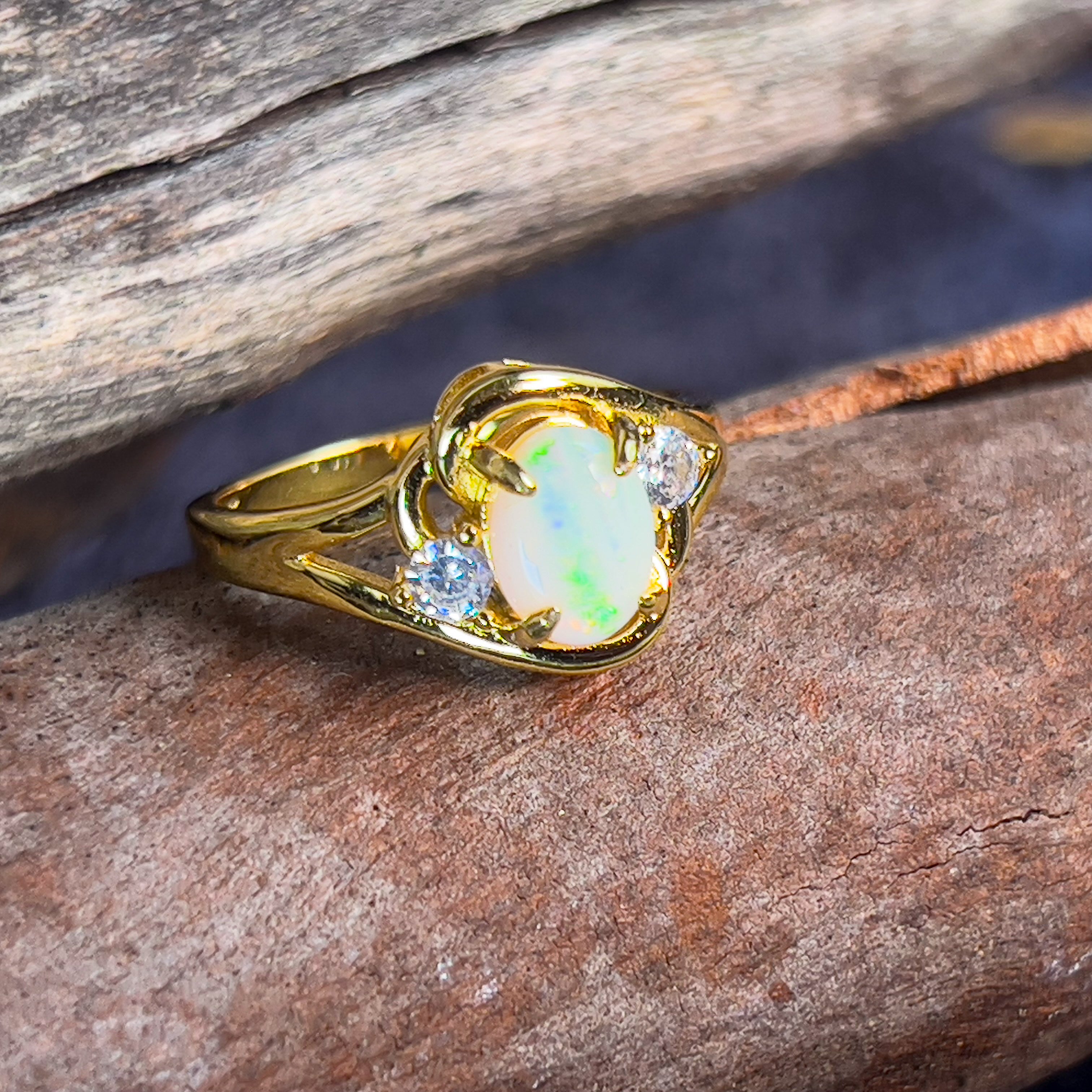 Sterling Silver Gold plated 8x6mm White Opal swirl ring - Masterpiece Jewellery Opal & Gems Sydney Australia | Online Shop