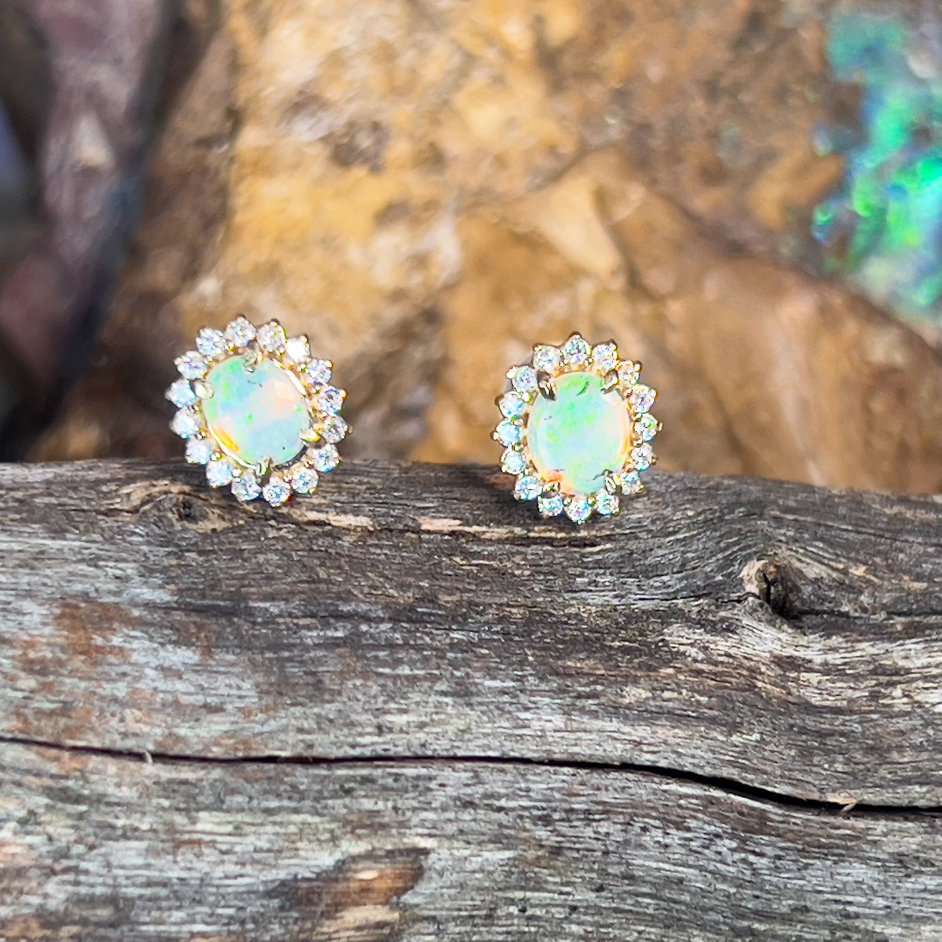 9kt Yellow Gold cluster earrings set with Light Opals and Diamonds - Masterpiece Jewellery Opal & Gems Sydney Australia | Online Shop