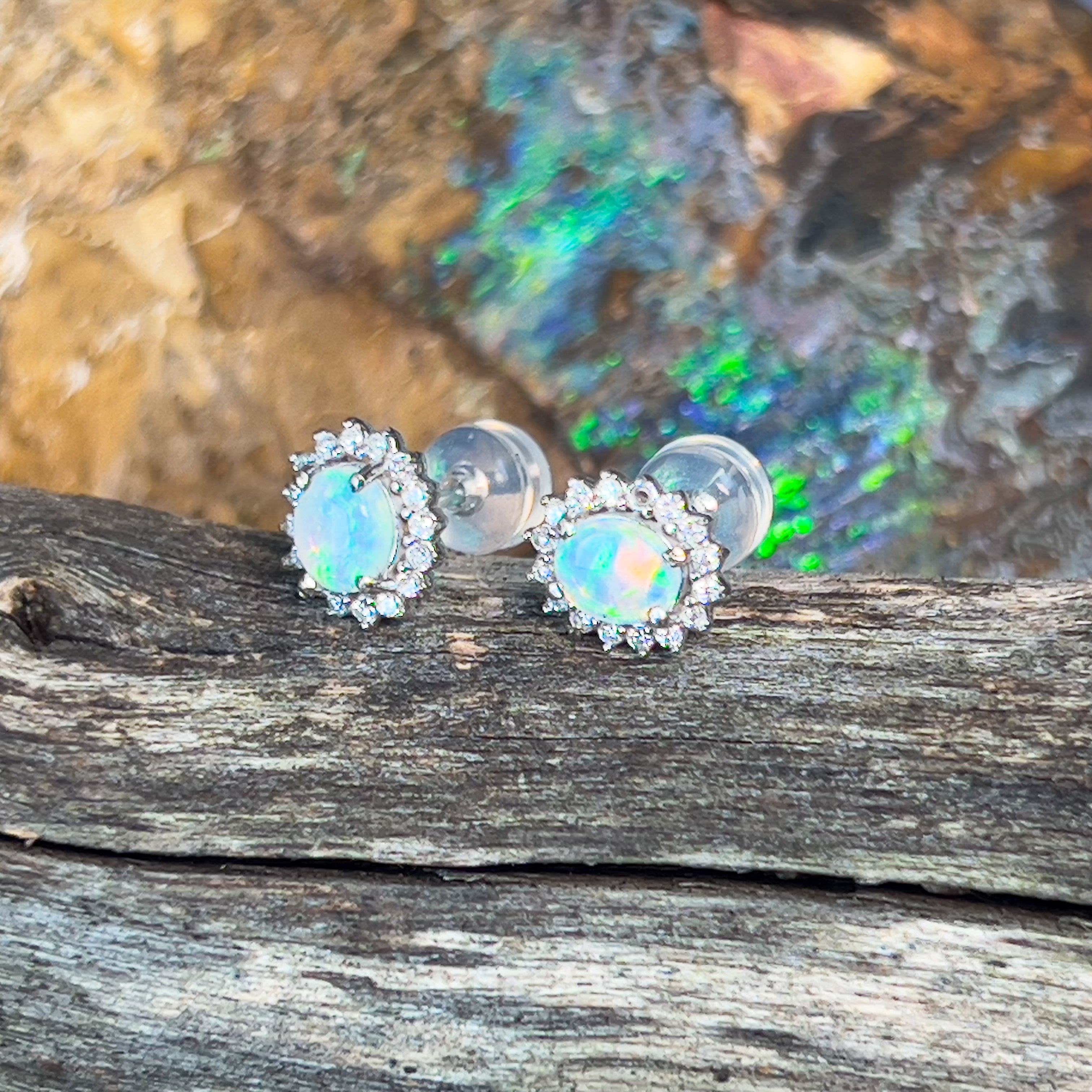9kt White Gold pair of Opal and Diamond cluster earrings - Masterpiece Jewellery Opal & Gems Sydney Australia | Online Shop