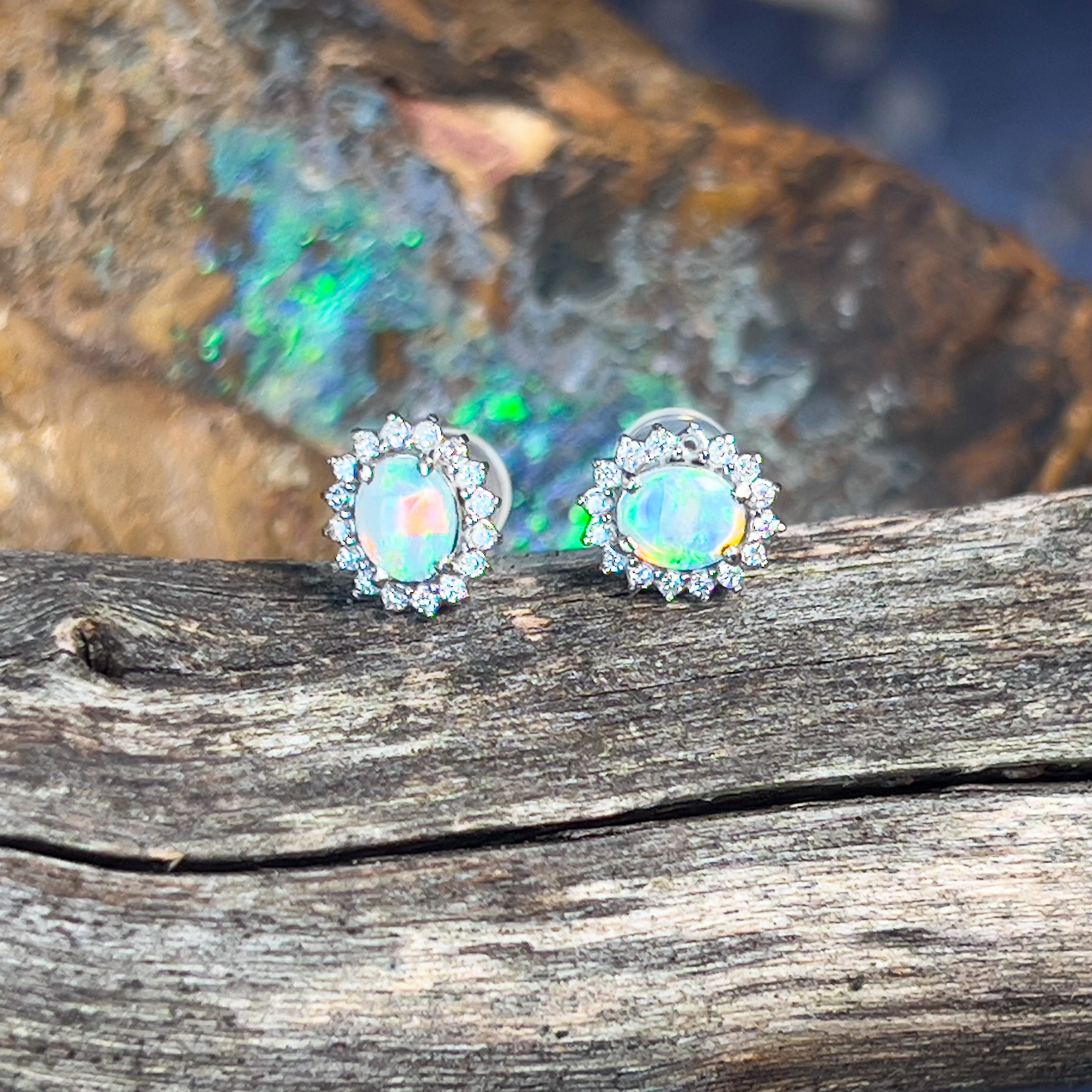 9kt White Gold pair of Opal and Diamond cluster earrings - Masterpiece Jewellery Opal & Gems Sydney Australia | Online Shop