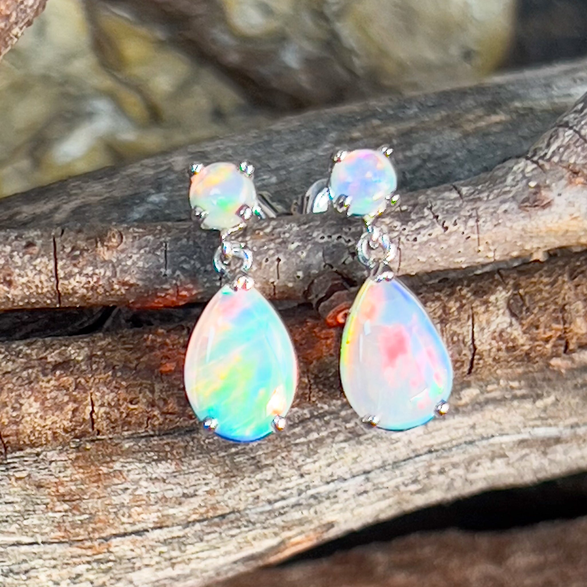 14kt White Gold pair of dangling Opal round and pearshape earrings - Masterpiece Jewellery Opal & Gems Sydney Australia | Online Shop