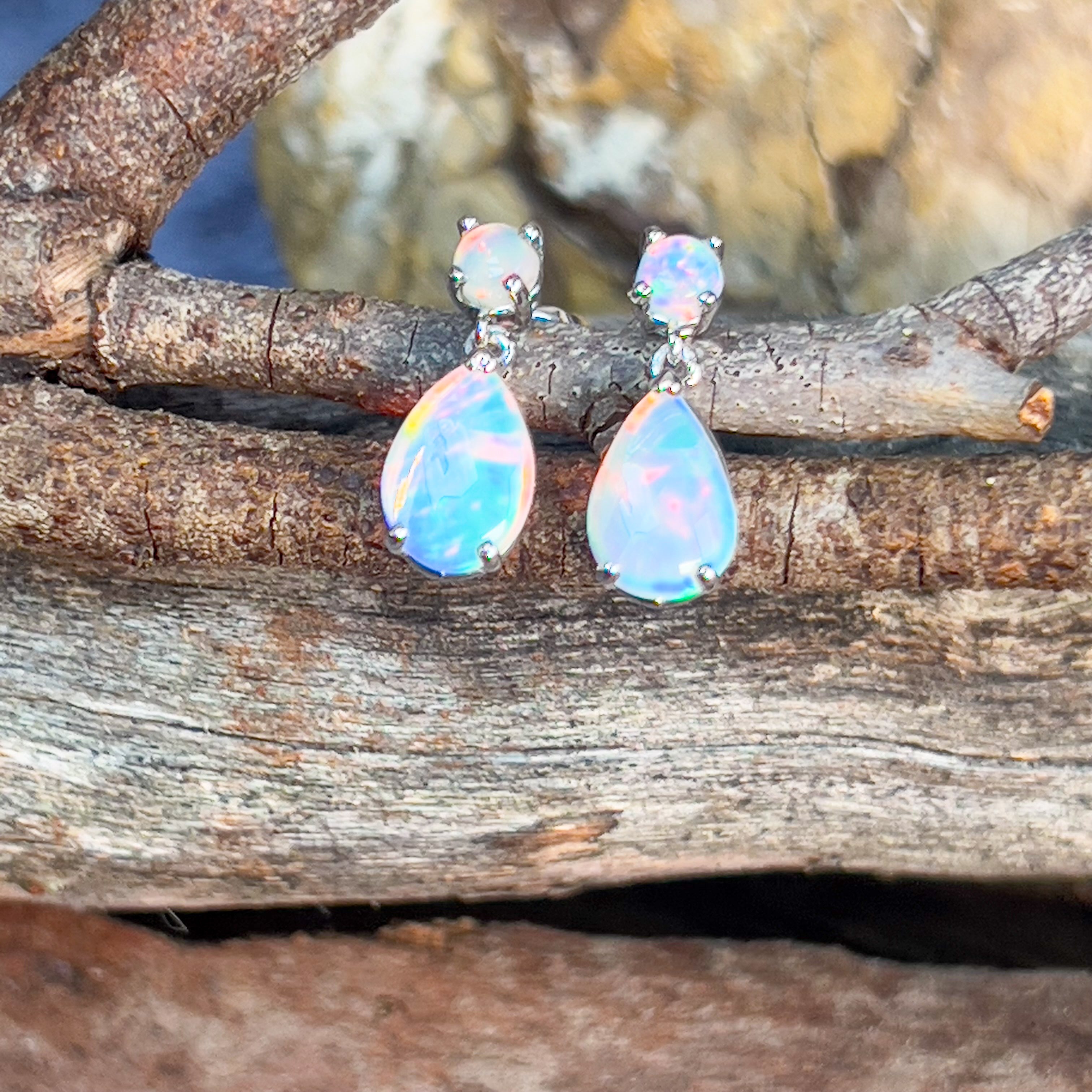 14kt White Gold pair of dangling Opal round and pearshape earrings - Masterpiece Jewellery Opal & Gems Sydney Australia | Online Shop