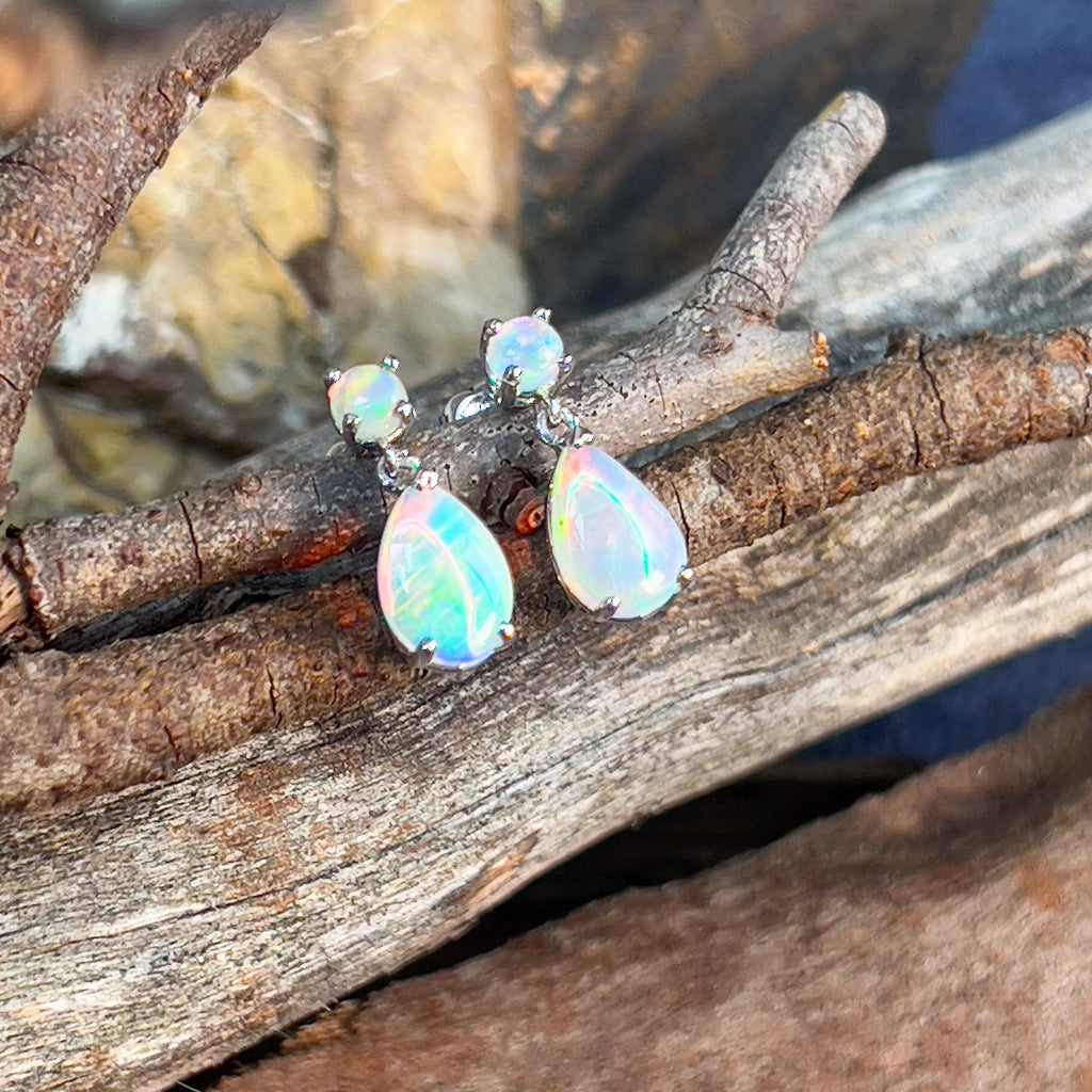 14kt White Gold pair of dangling Opal round and pearshape earrings - Masterpiece Jewellery Opal & Gems Sydney Australia | Online Shop