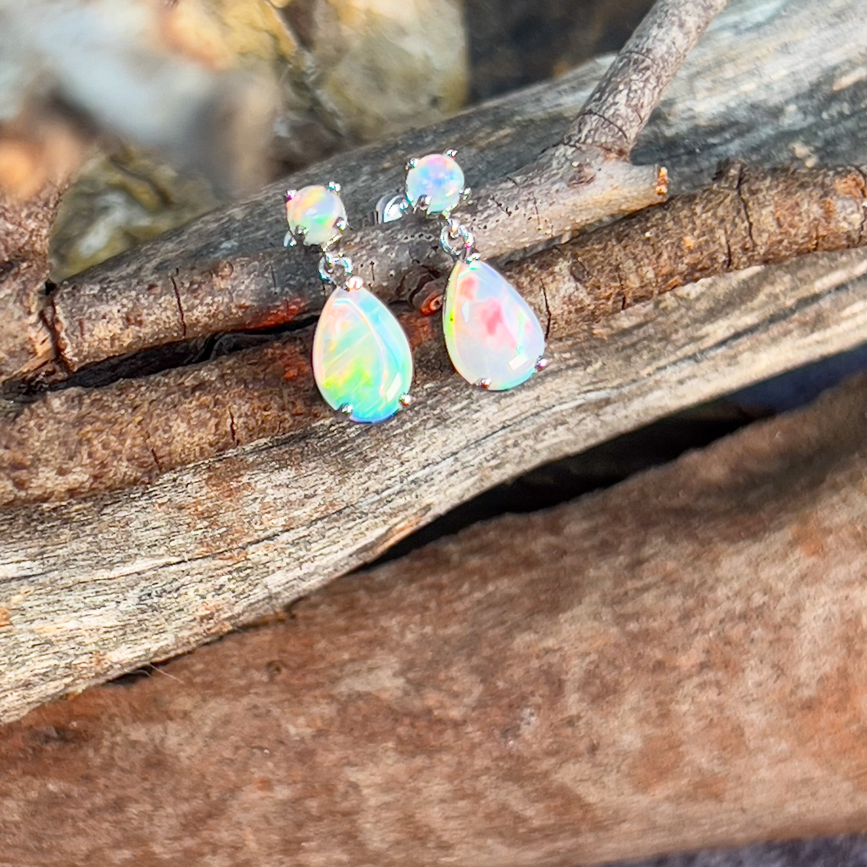 14kt White Gold pair of dangling Opal round and pearshape earrings - Masterpiece Jewellery Opal & Gems Sydney Australia | Online Shop