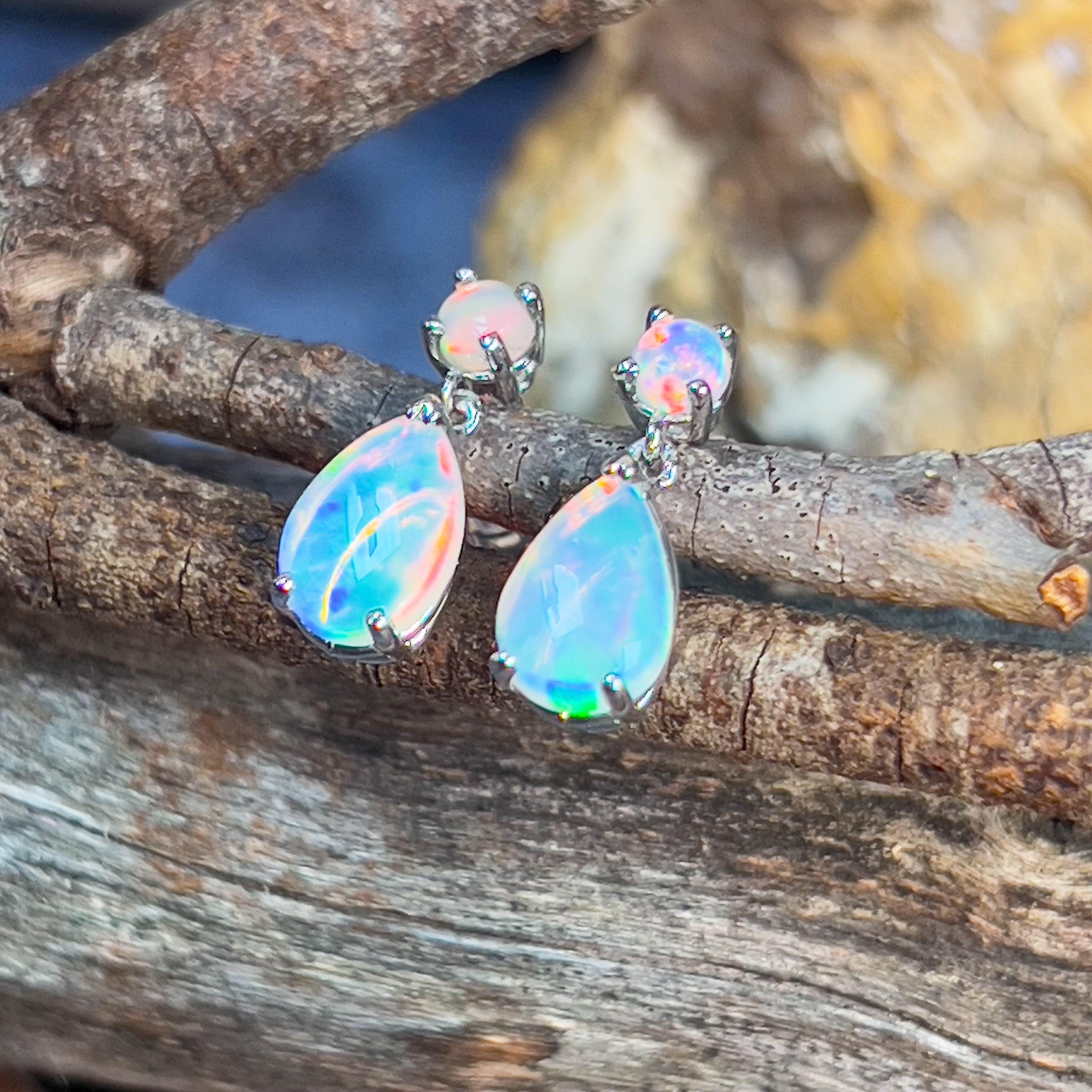 14kt White Gold pair of dangling Opal round and pearshape earrings - Masterpiece Jewellery Opal & Gems Sydney Australia | Online Shop