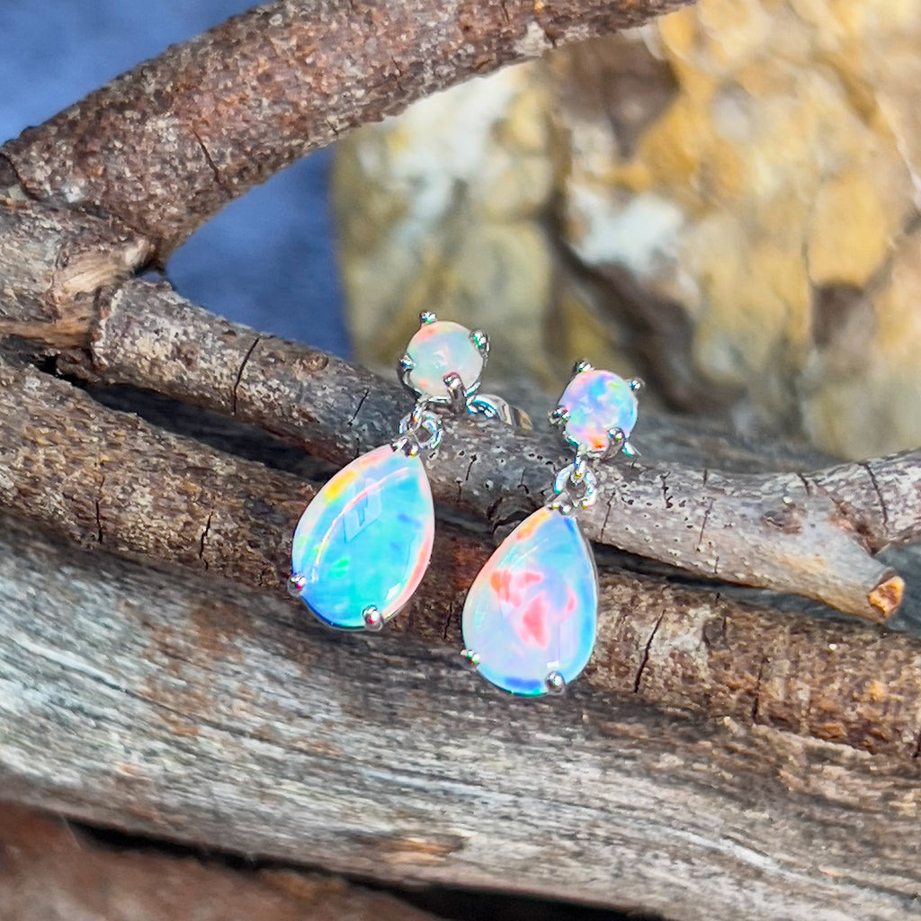 14kt White Gold pair of dangling Opal round and pearshape earrings - Masterpiece Jewellery Opal & Gems Sydney Australia | Online Shop