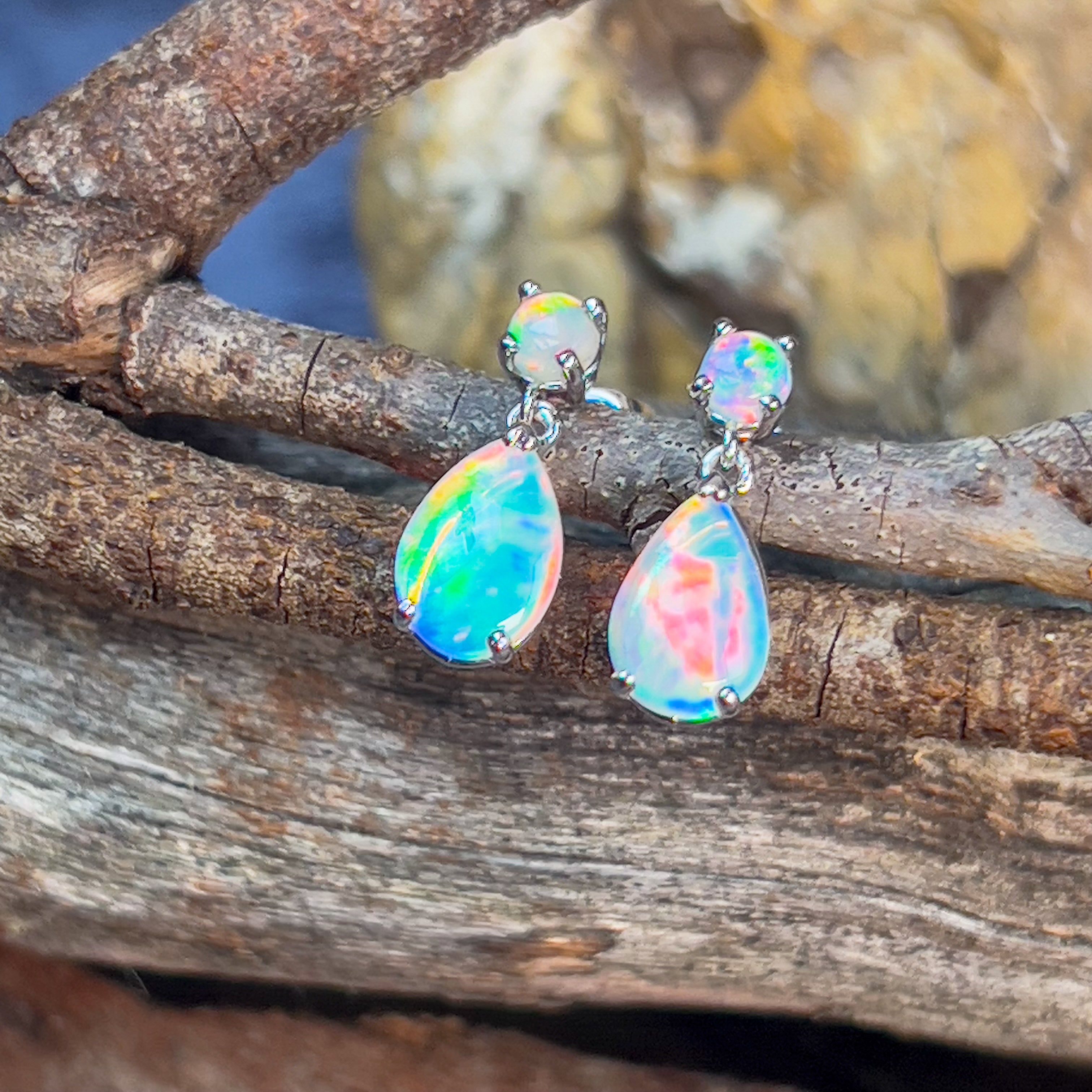 14kt White Gold pair of dangling Opal round and pearshape earrings - Masterpiece Jewellery Opal & Gems Sydney Australia | Online Shop