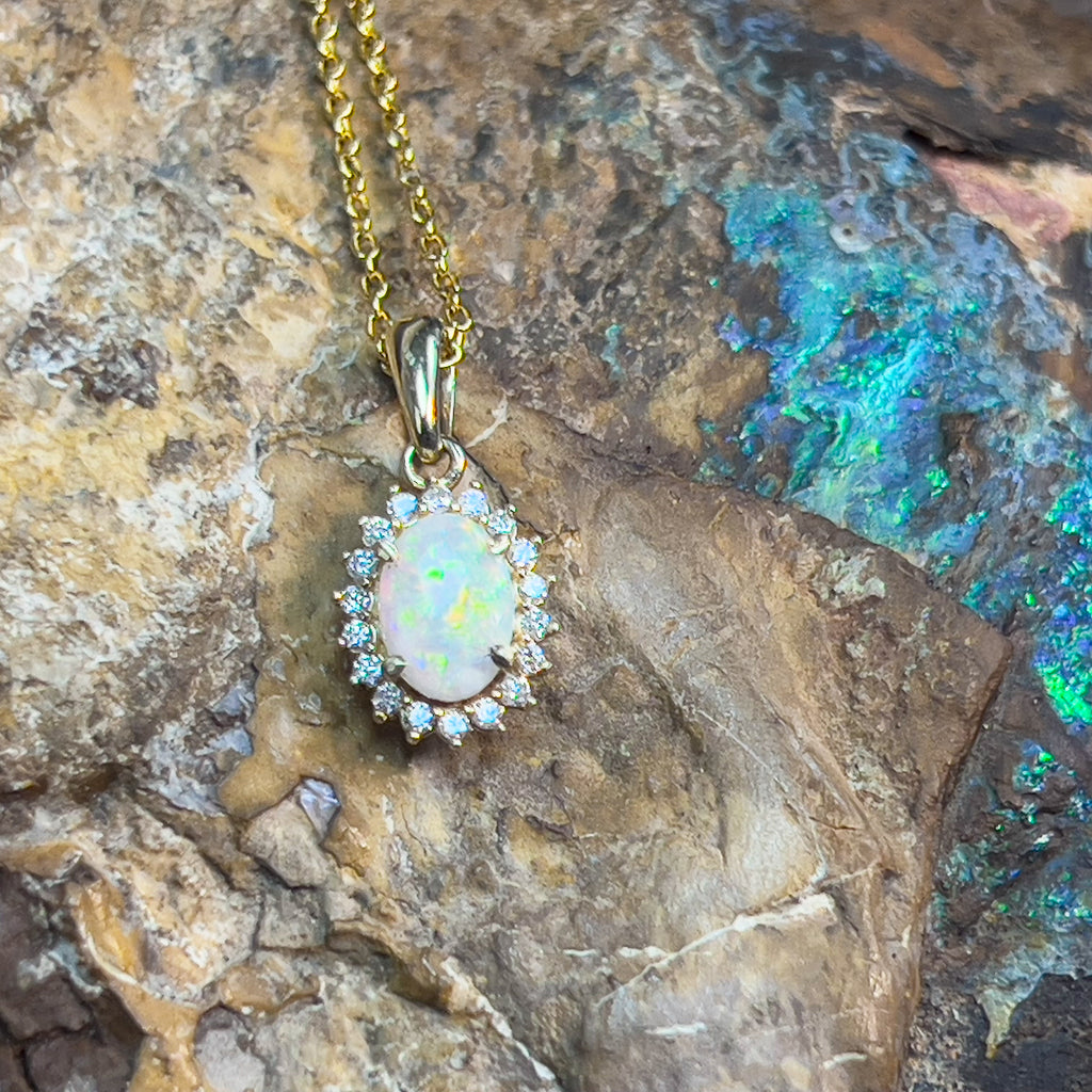9kt Yellow Gold 7x5mm White Opal and diamond cluster pendant - Masterpiece Jewellery Opal & Gems Sydney Australia | Online Shop