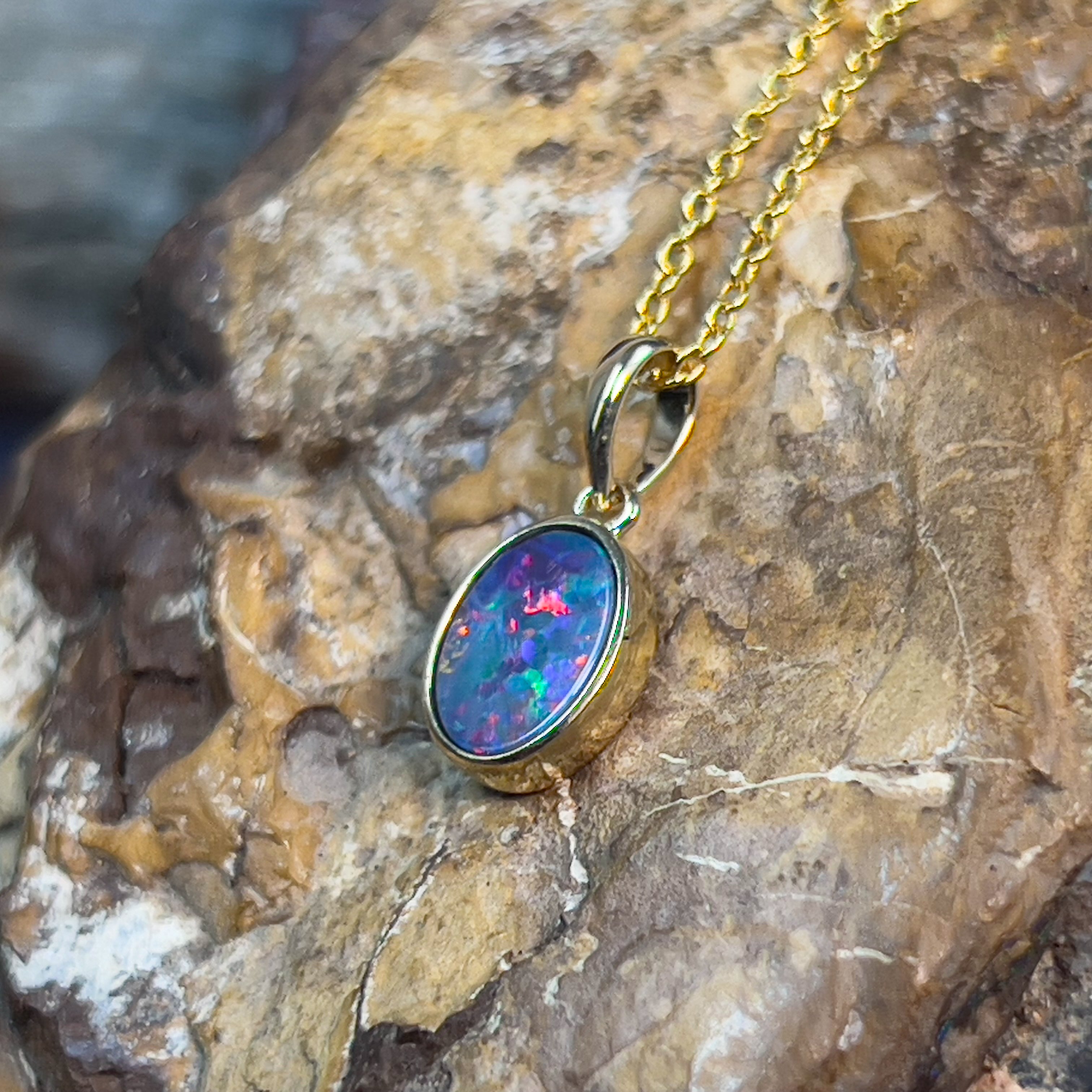 9kt Yellow Gold 8x6mm Opal doublet bezel set pendant - Masterpiece Jewellery Opal & Gems Sydney Australia | Online Shop