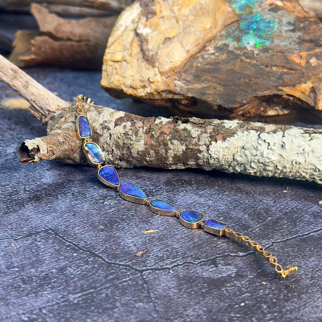 14kt Yellow Gold Boulder Opal freeform Blue Green bracelet - Masterpiece Jewellery Opal & Gems Sydney Australia | Online Shop