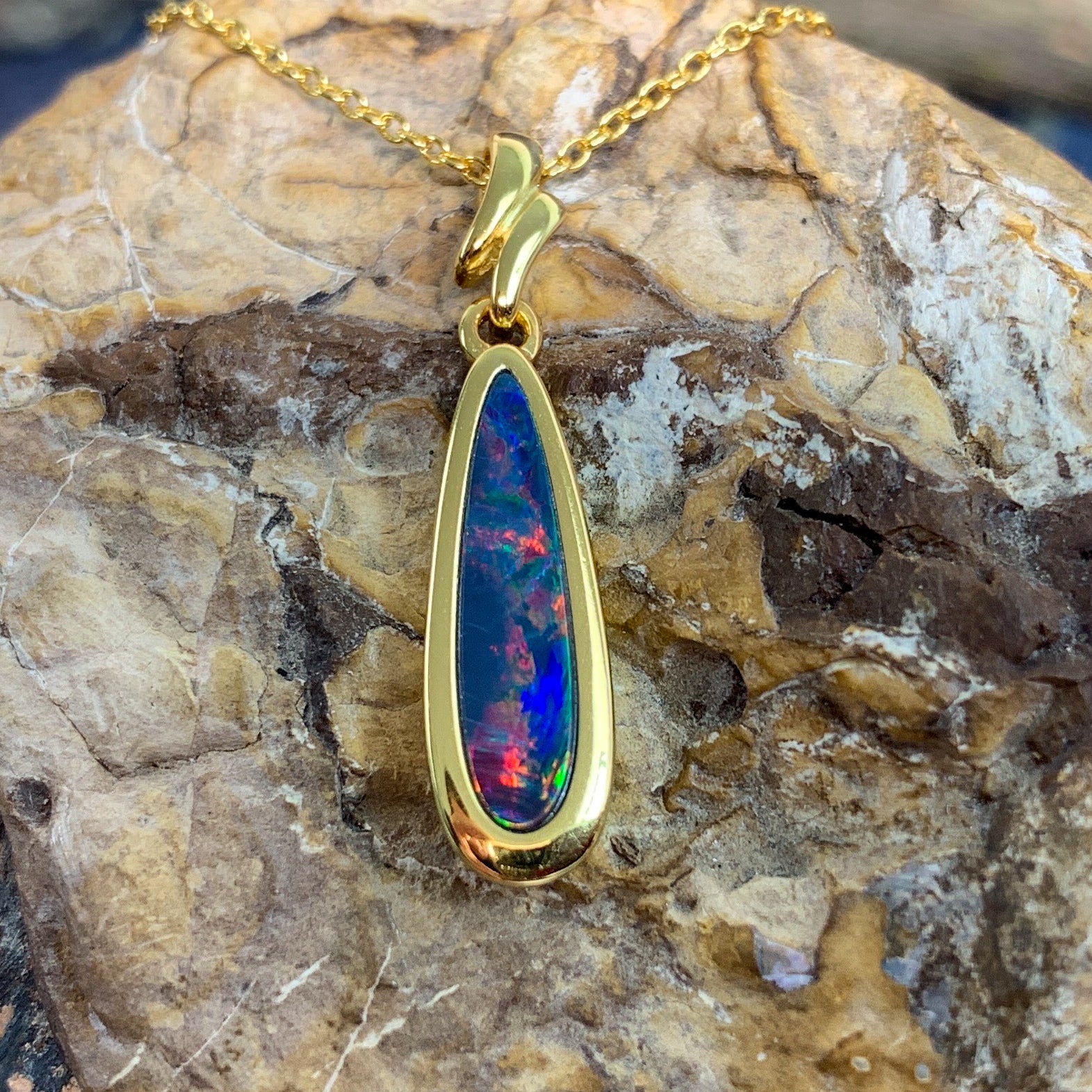 Gold Plated silver Opal doublet 28x6mm pendant - Masterpiece Jewellery Opal & Gems Sydney Australia | Online Shop