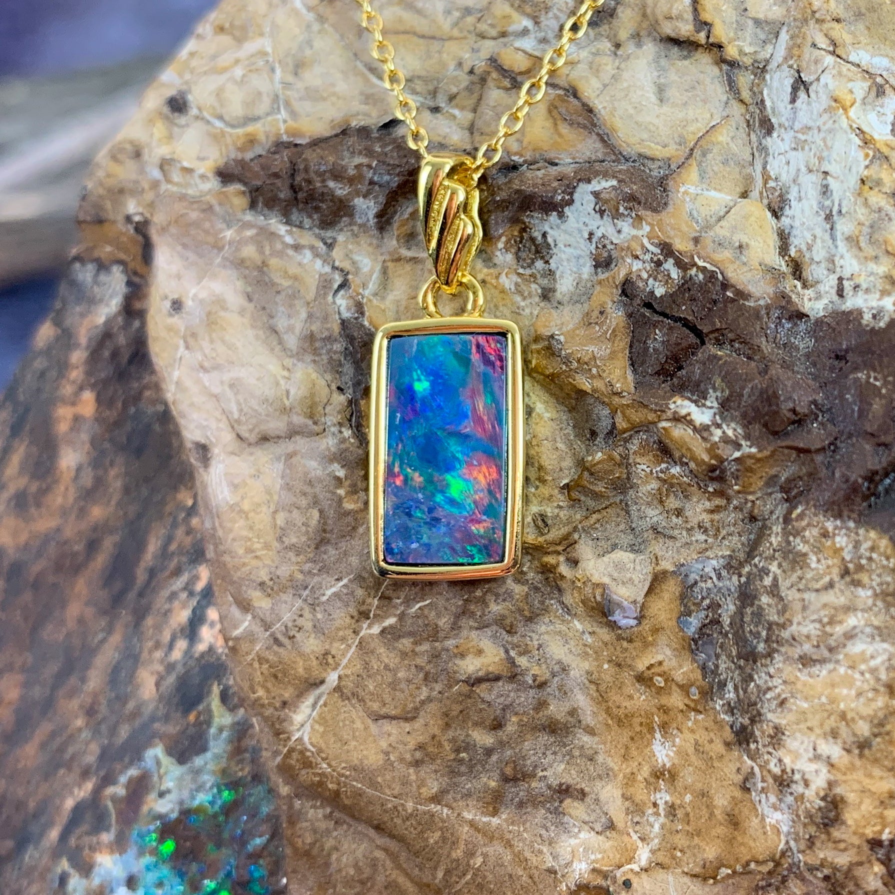 Gold plated Silver Opal rectangular 21x8mm pendant - Masterpiece Jewellery Opal & Gems Sydney Australia | Online Shop