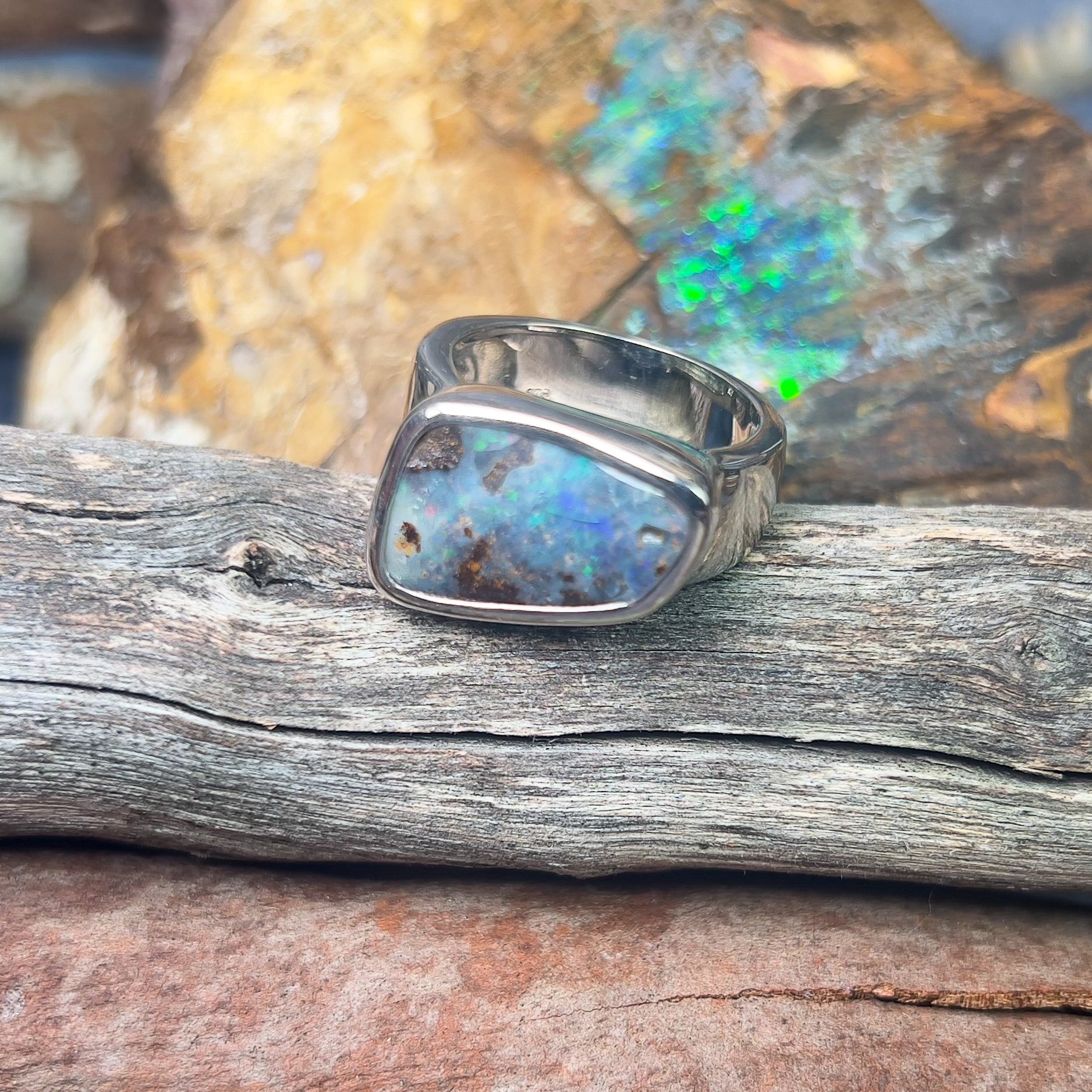 Sterling Silver Freeform Boulder Opal Green dark Blue bezel set mens ring - Masterpiece Jewellery Opal & Gems Sydney Australia | Online Shop