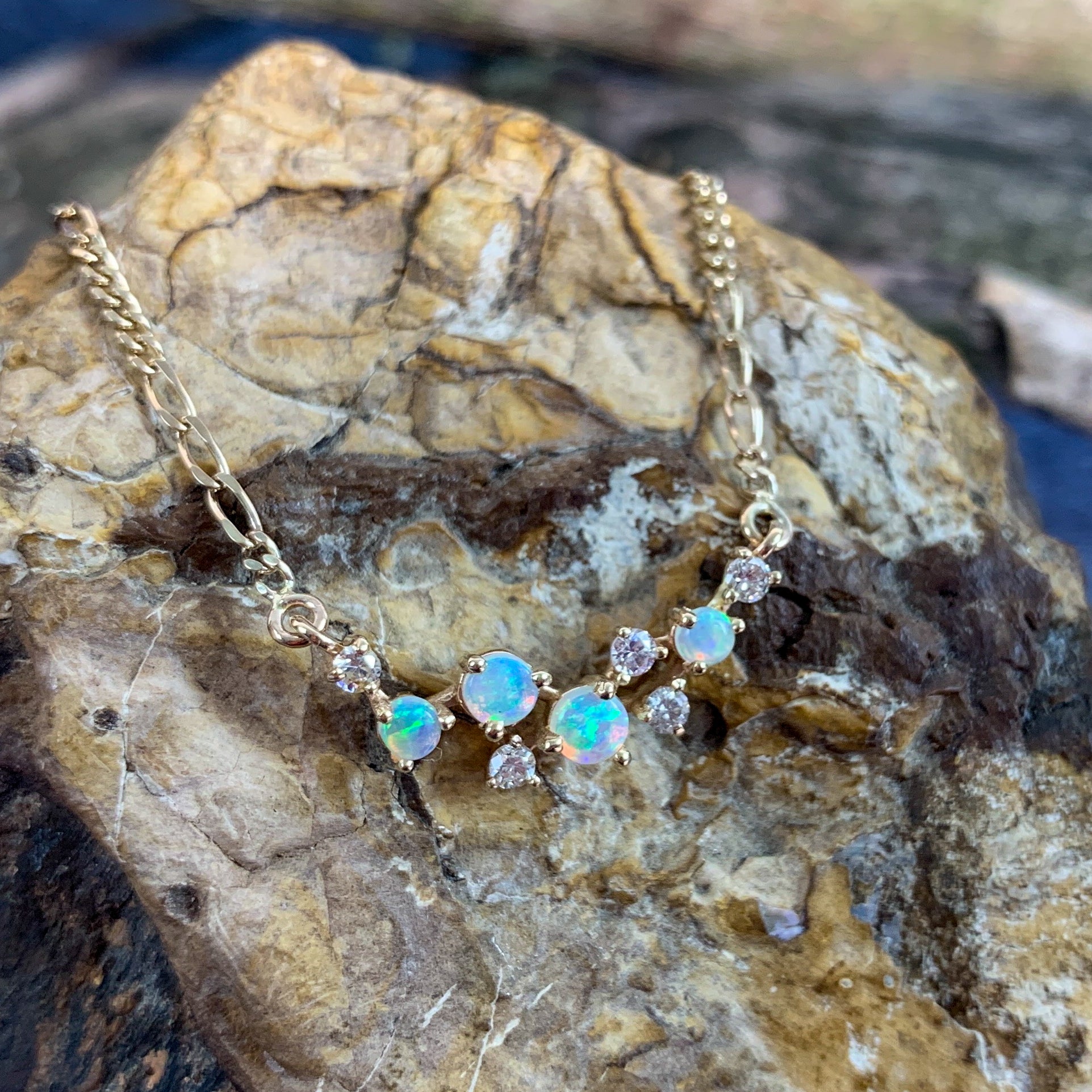 9kt Yellow Gold scatter Opal and Diamond design necklace - Masterpiece Jewellery Opal & Gems Sydney Australia | Online Shop