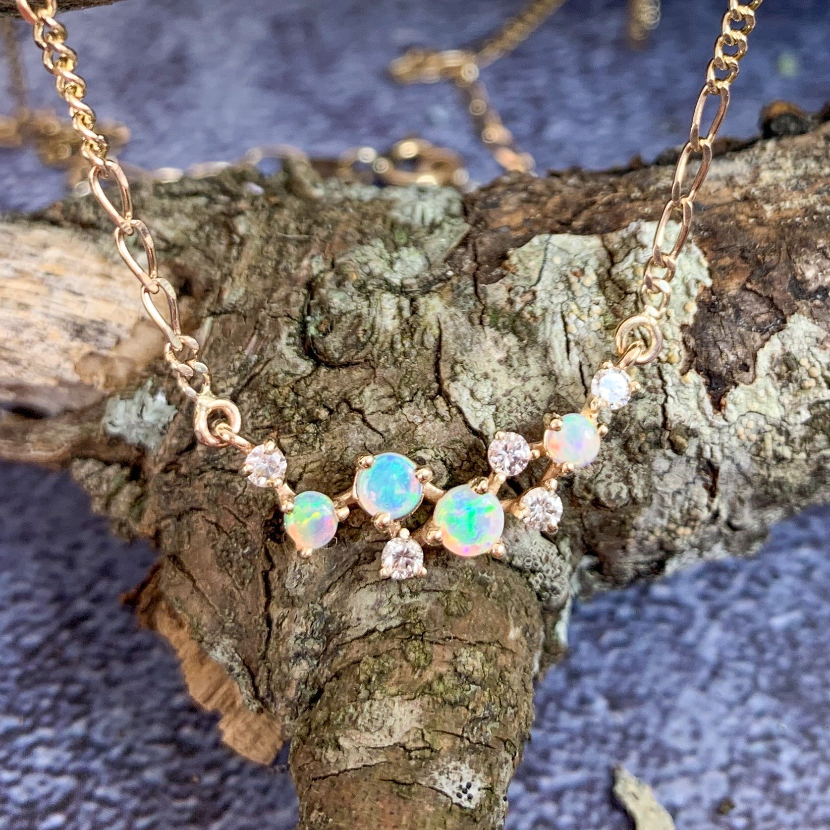 9kt Yellow Gold scatter Opal and Diamond design necklace - Masterpiece Jewellery Opal & Gems Sydney Australia | Online Shop
