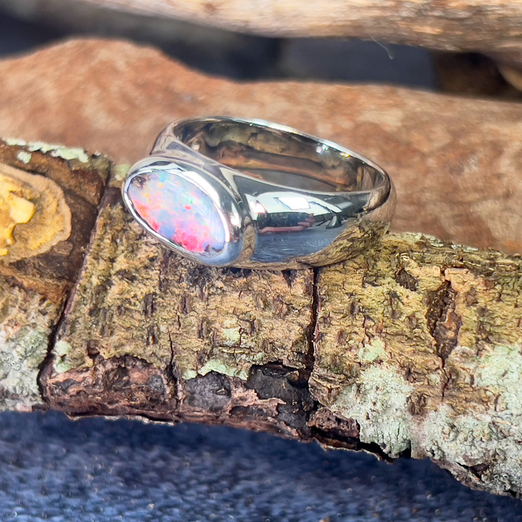 Sterling Silver Boulder Opal Red horizontal set ring - Masterpiece Jewellery Opal & Gems Sydney Australia | Online Shop