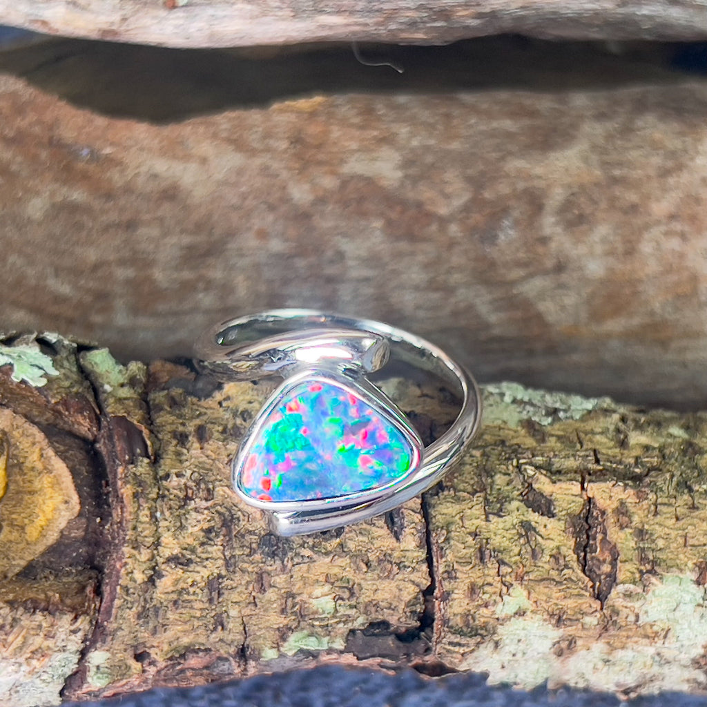 14kt White Gold split shank Opal doublet red colour ring - Masterpiece Jewellery Opal & Gems Sydney Australia | Online Shop