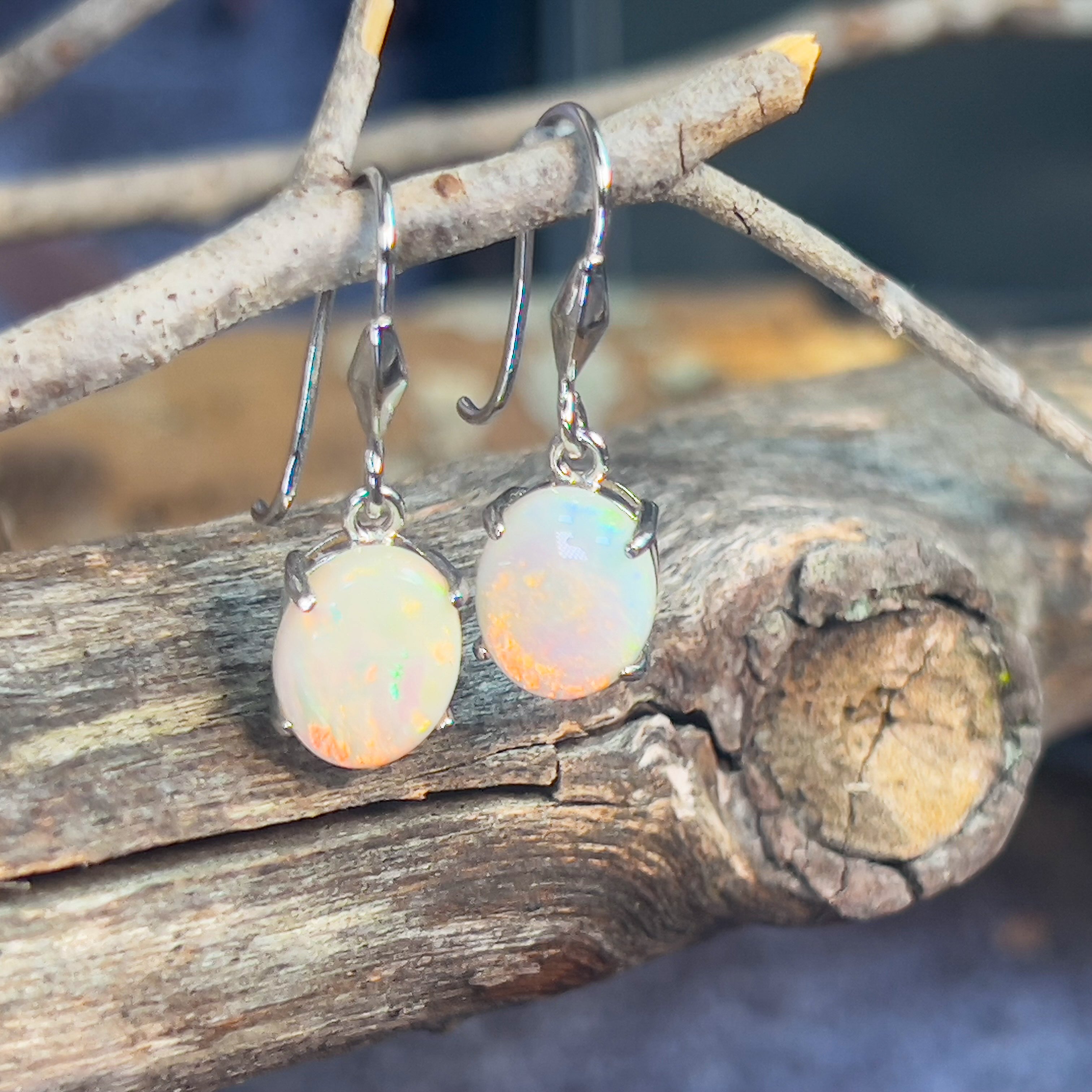 Sterling Silver dangling 10x8mm White Opal earrings - Masterpiece Jewellery Opal & Gems Sydney Australia | Online Shop