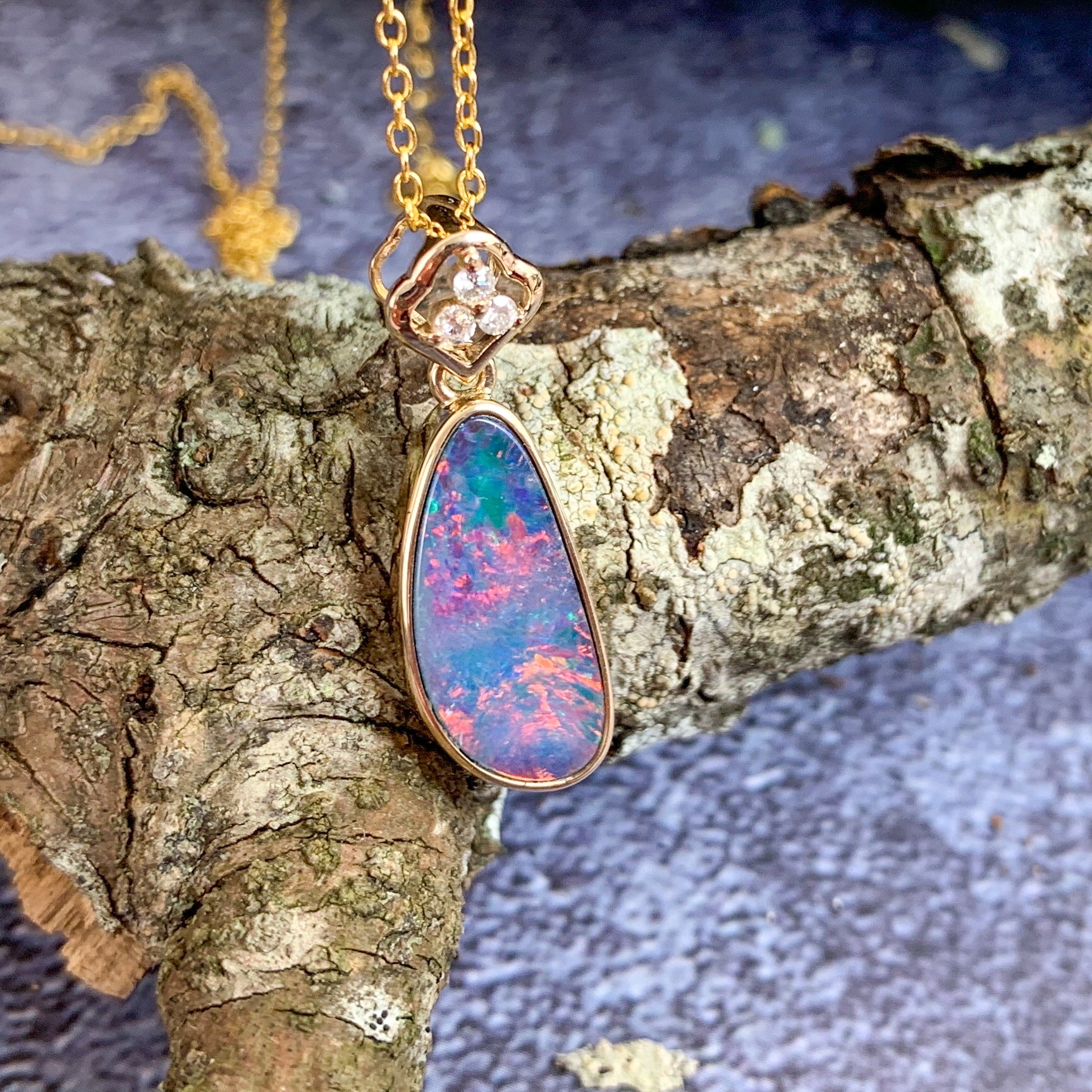 14kt Yellow Gold pendant with one Red Opal doublet and diamonds - Masterpiece Jewellery Opal & Gems Sydney Australia | Online Shop