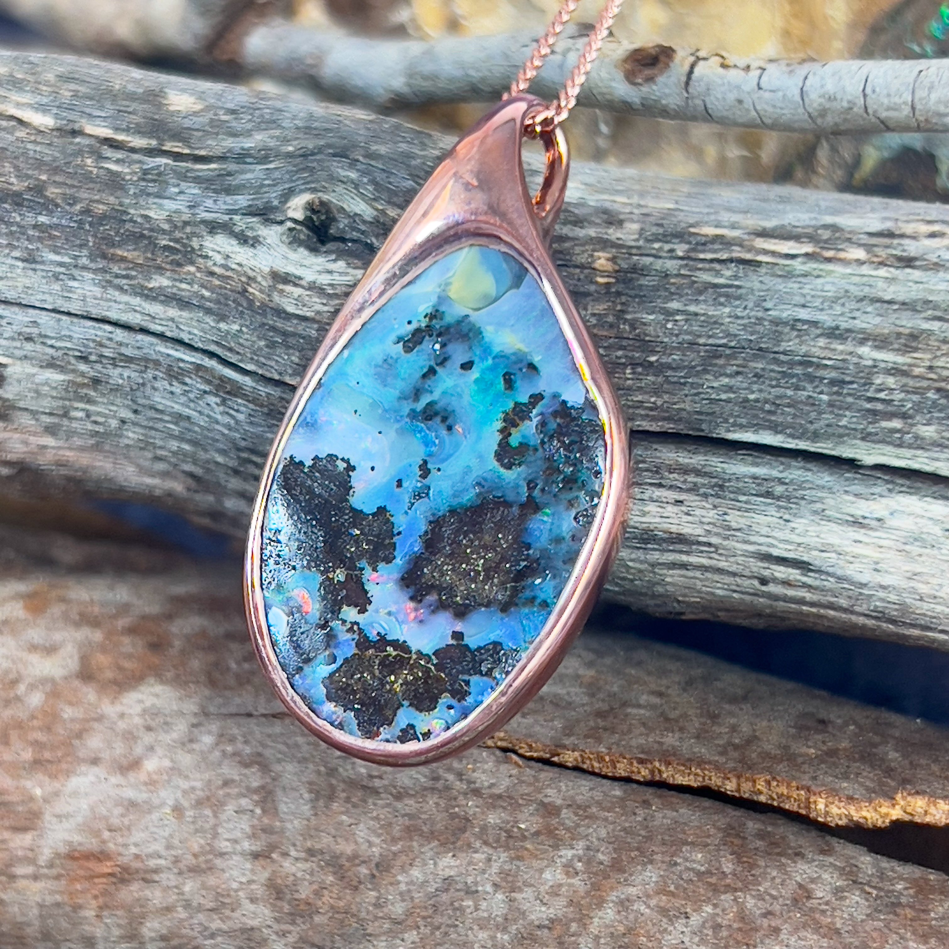 One Rose Gold plated Sterling Silver Freeform Boulder Opal pendant - Masterpiece Jewellery Opal & Gems Sydney Australia | Online Shop