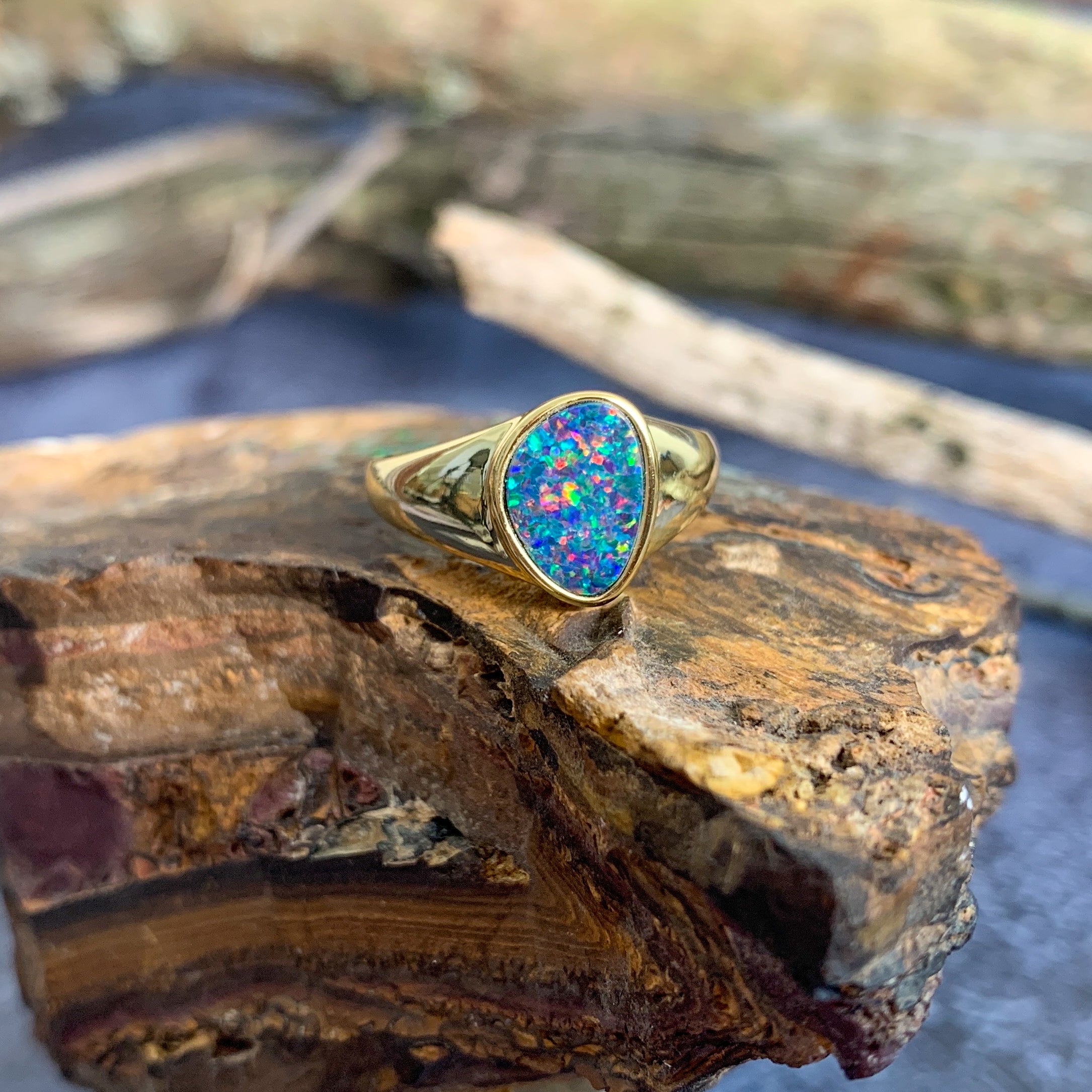 Gold Plated Silver solitaire band Opal doublet ring - Masterpiece Jewellery Opal & Gems Sydney Australia | Online Shop