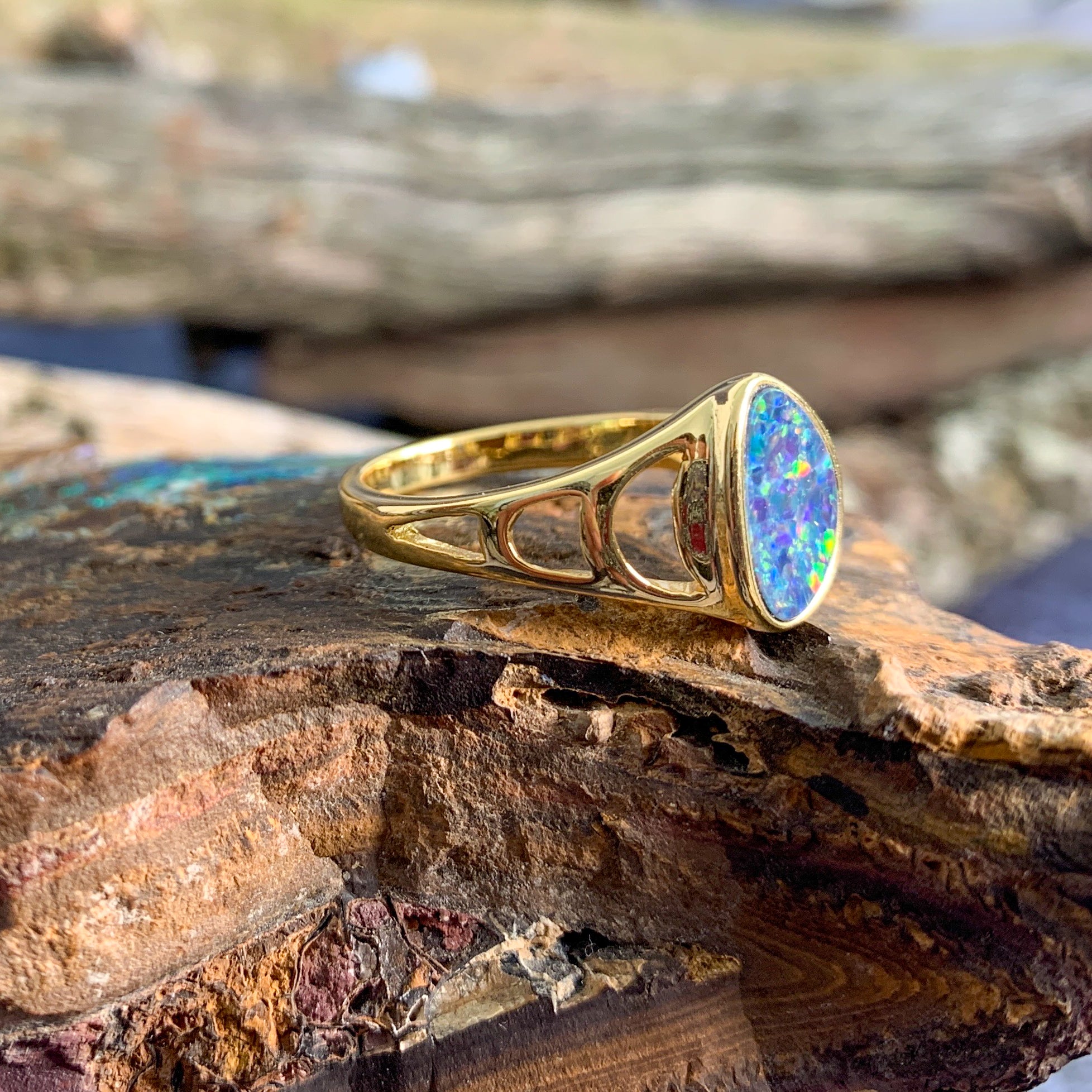 Gold Plated Silver Opal doublet freeform patterned ring - Masterpiece Jewellery Opal & Gems Sydney Australia | Online Shop