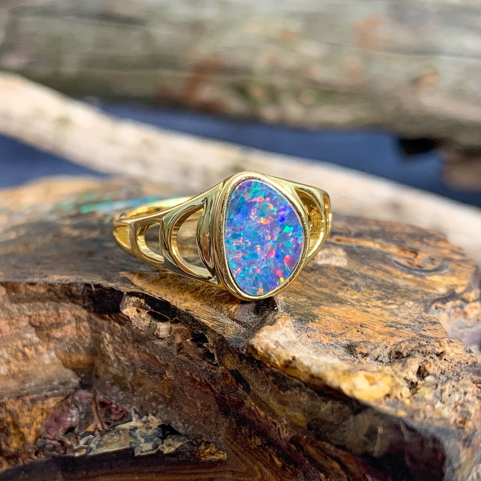 Gold Plated Silver Opal doublet freeform patterned ring - Masterpiece Jewellery Opal & Gems Sydney Australia | Online Shop