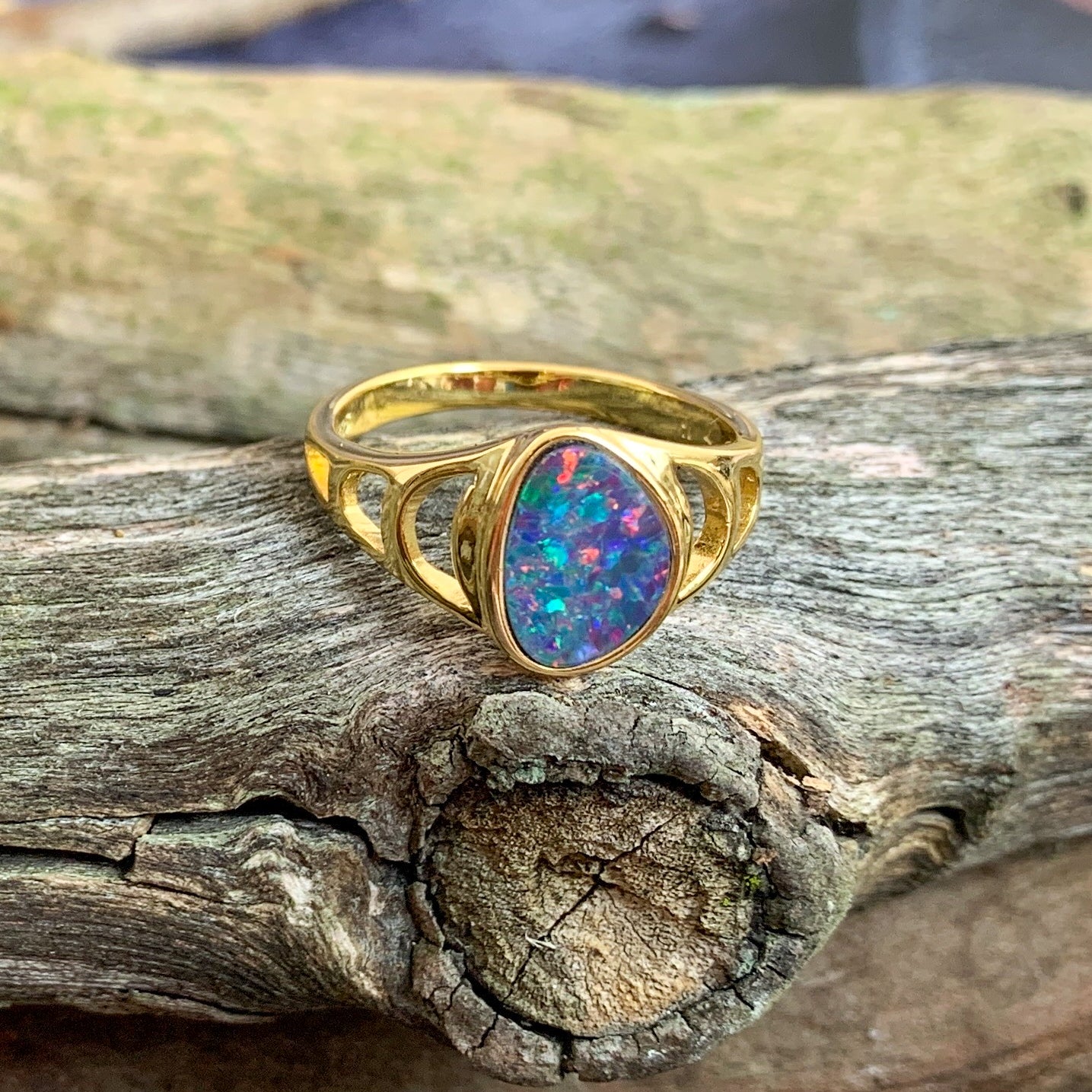 Gold Plated Silver Opal doublet freeform patterned ring - Masterpiece Jewellery Opal & Gems Sydney Australia | Online Shop