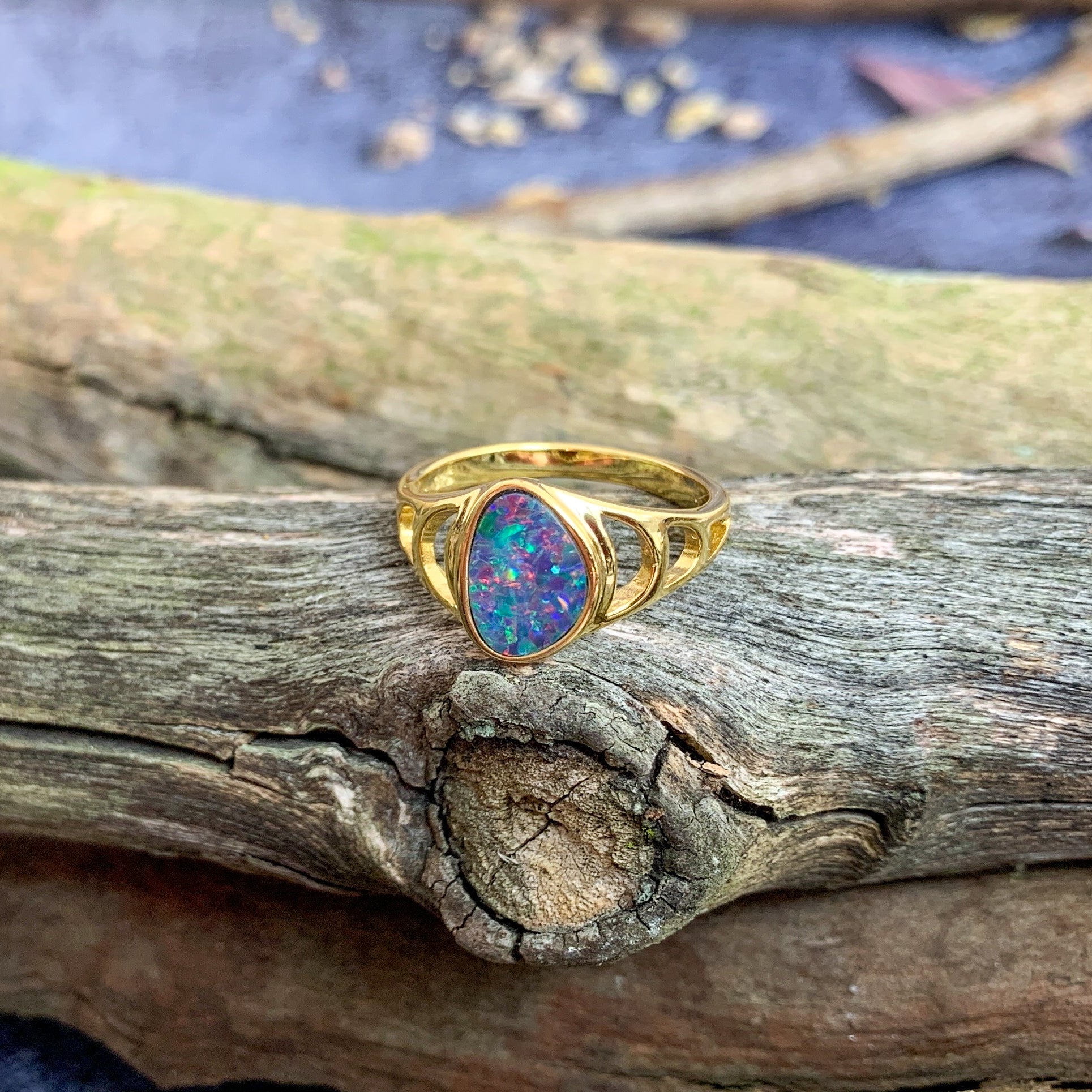 Gold Plated Silver Opal doublet freeform patterned ring - Masterpiece Jewellery Opal & Gems Sydney Australia | Online Shop