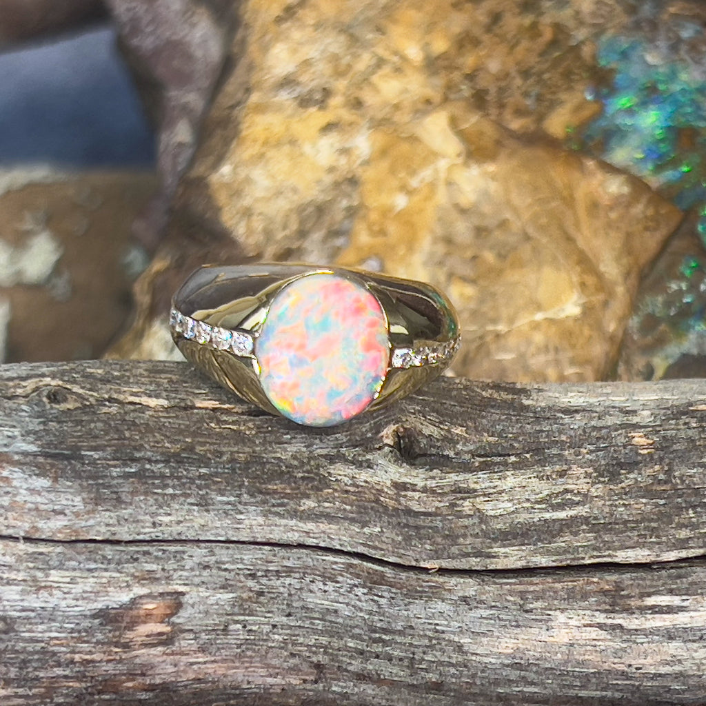 18kt Yellow Gold Black Opal 3.06ct signet style rub ring with diamonds - Masterpiece Jewellery Opal & Gems Sydney Australia | Online Shop
