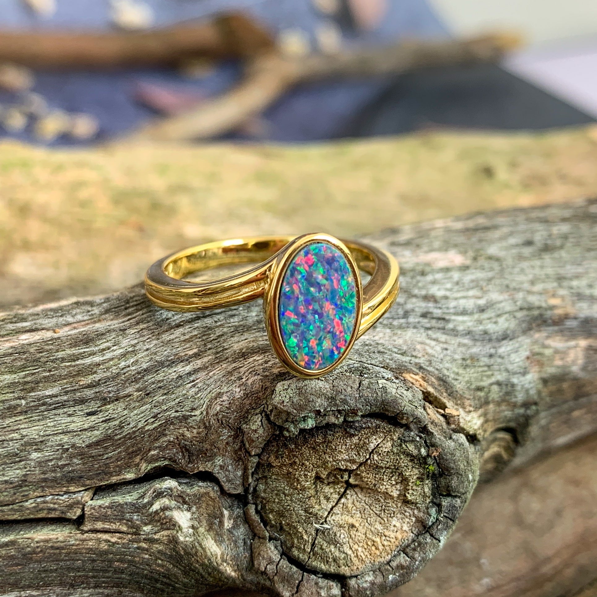 Gold plated silver Opal doublet solitaire cross over ring - Masterpiece Jewellery Opal & Gems Sydney Australia | Online Shop