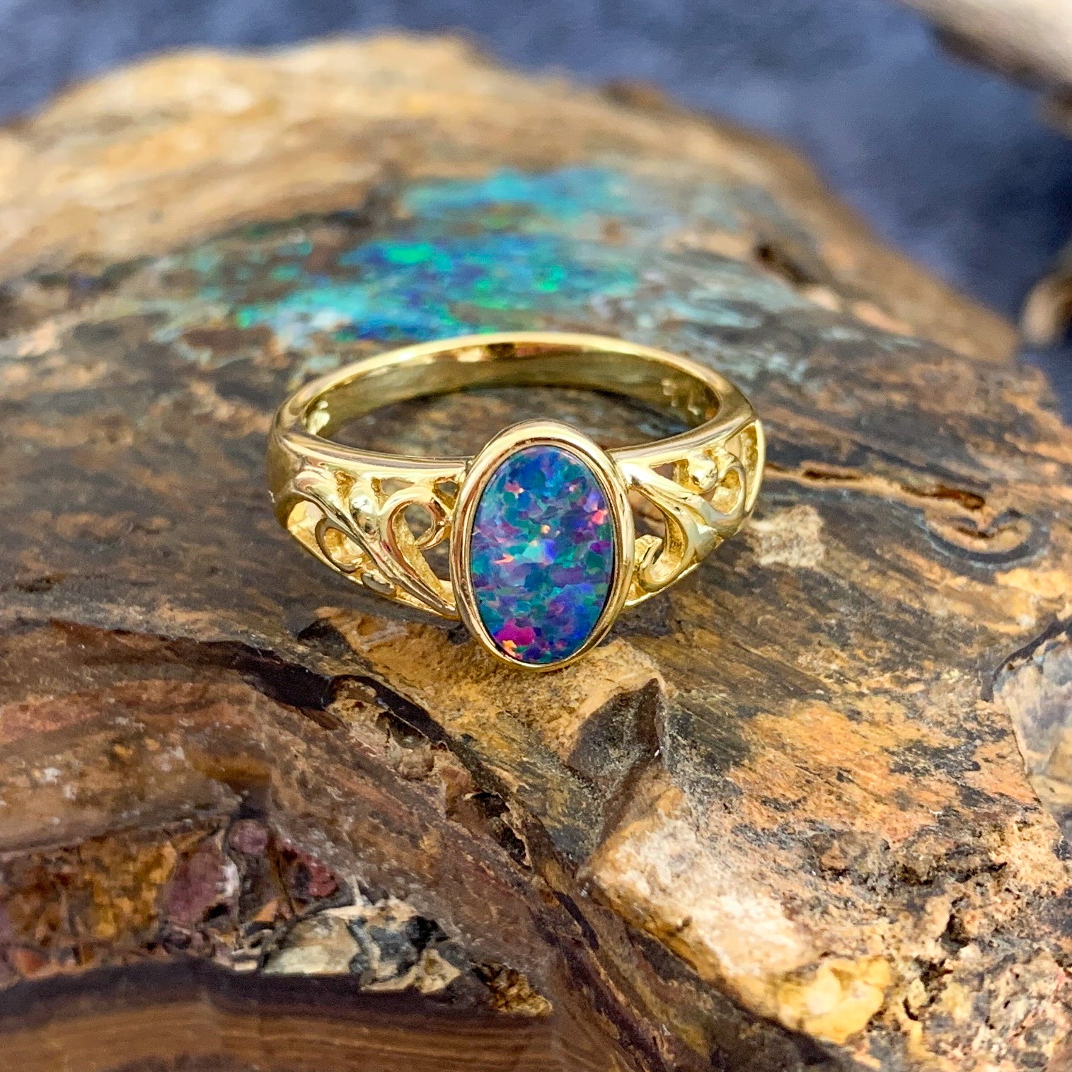 Gold plated silver Opal doublet patterned ring - Masterpiece Jewellery Opal & Gems Sydney Australia | Online Shop