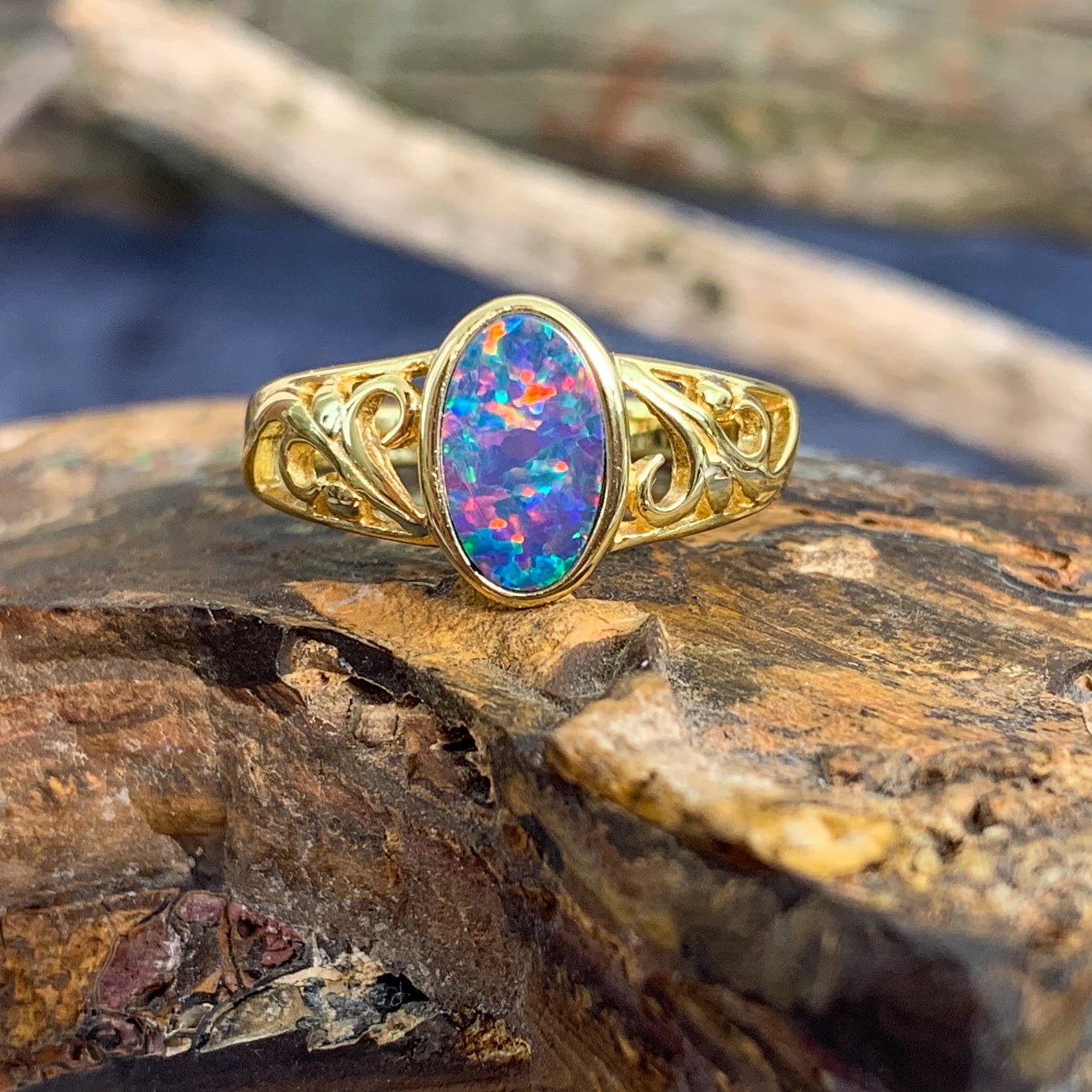 Gold plated silver Opal doublet patterned ring - Masterpiece Jewellery Opal & Gems Sydney Australia | Online Shop