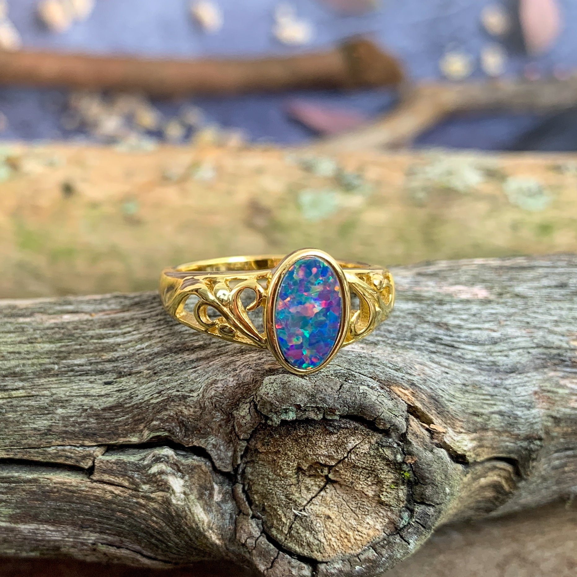 Gold plated silver Opal doublet patterned ring - Masterpiece Jewellery Opal & Gems Sydney Australia | Online Shop