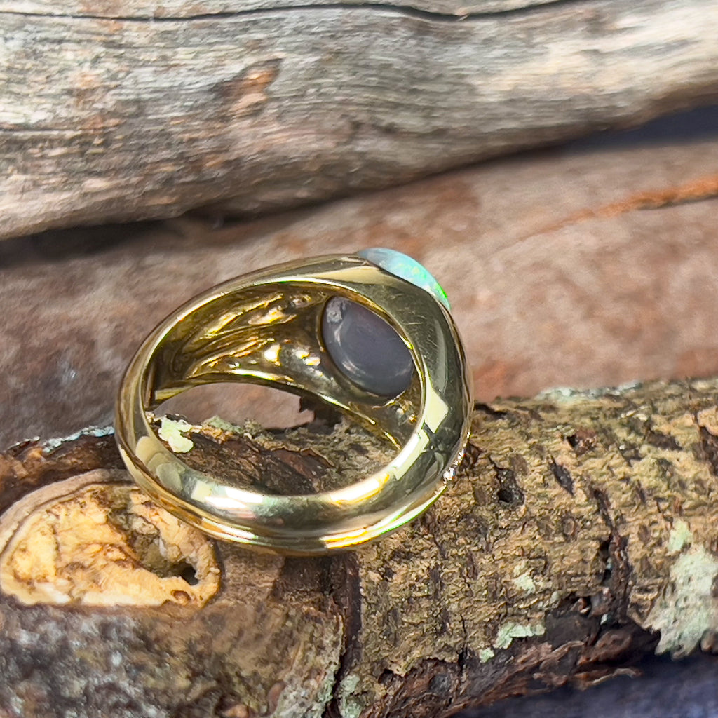 18kt Yellow Gold Black Opal 3.06ct signet style rub ring with diamonds - Masterpiece Jewellery Opal & Gems Sydney Australia | Online Shop