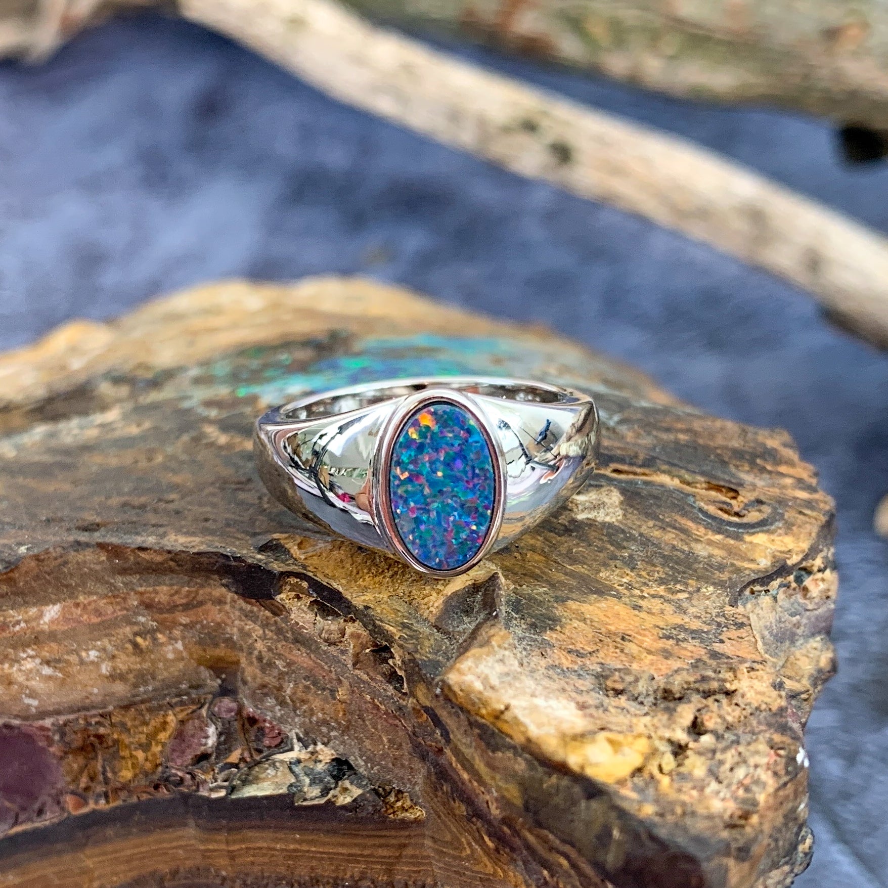 Sterling Silver Opal doublet solid shank ring - Masterpiece Jewellery Opal & Gems Sydney Australia | Online Shop
