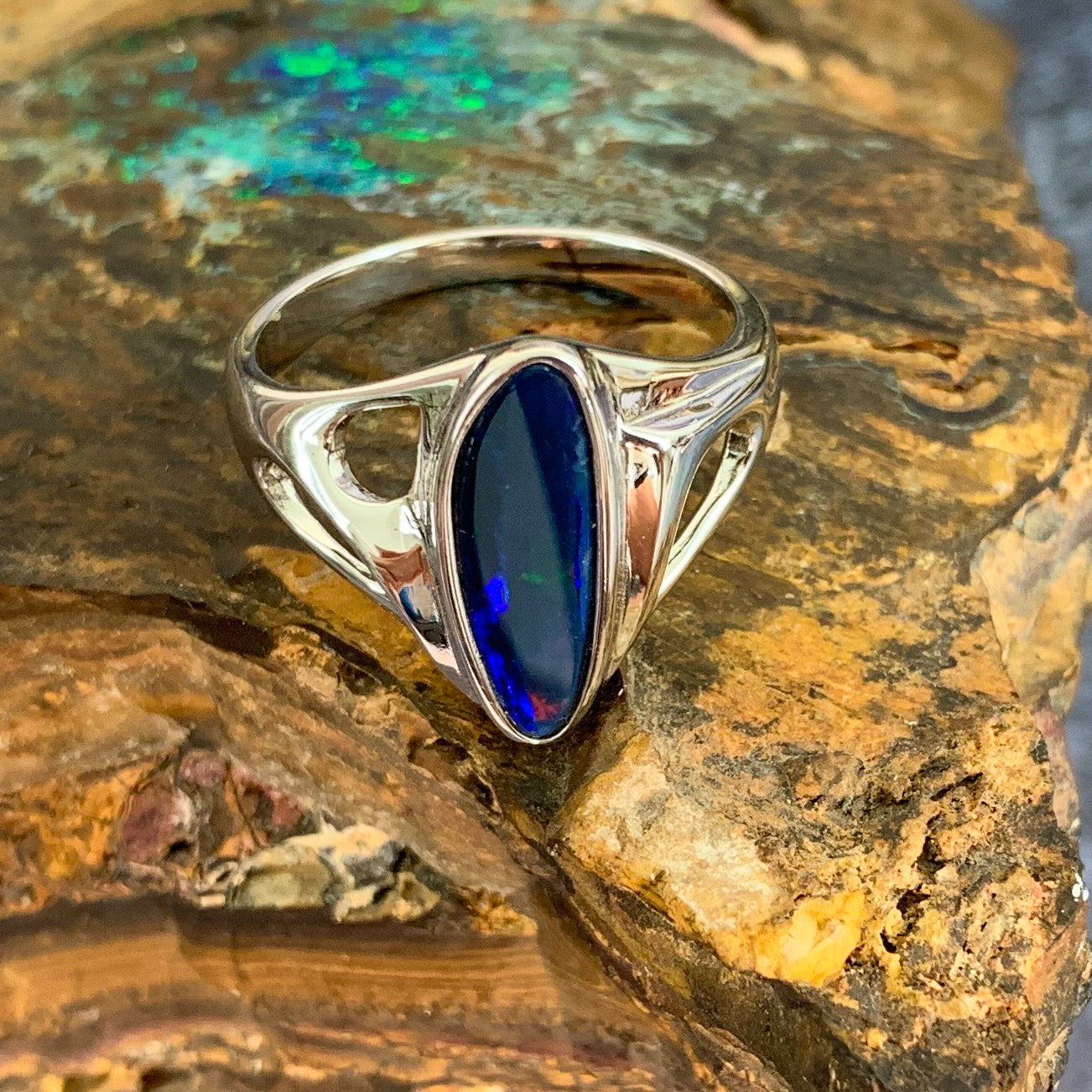 Sterling Silver patterned Blue Opal doublet ring - Masterpiece Jewellery Opal & Gems Sydney Australia | Online Shop